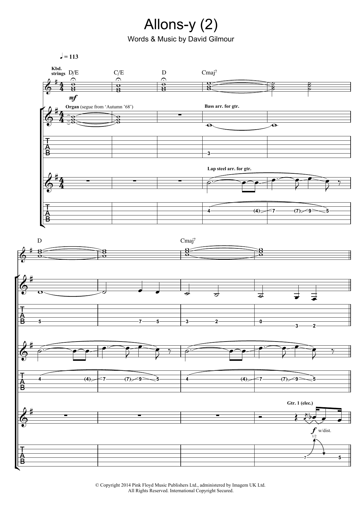 Pink Floyd Allons Y (Part 2) sheet music notes and chords arranged for Guitar Tab