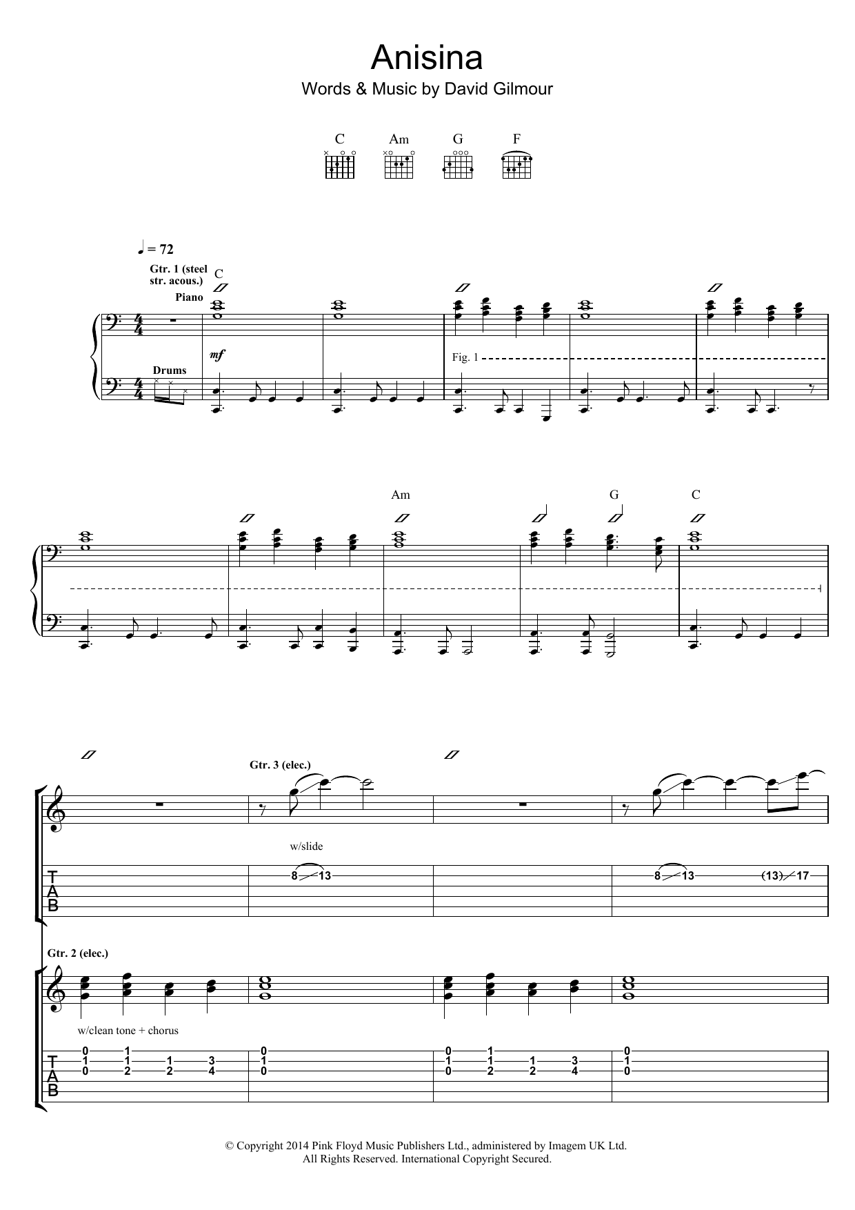 Pink Floyd Anisina sheet music notes and chords arranged for Guitar Tab
