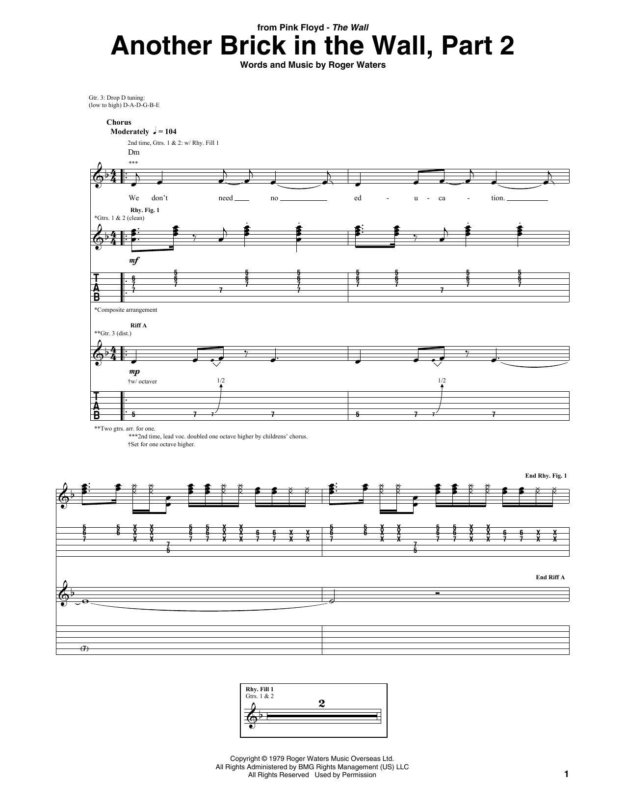 Pink Floyd Another Brick In The Wall, Part 2 sheet music notes and chords arranged for Guitar Chords/Lyrics