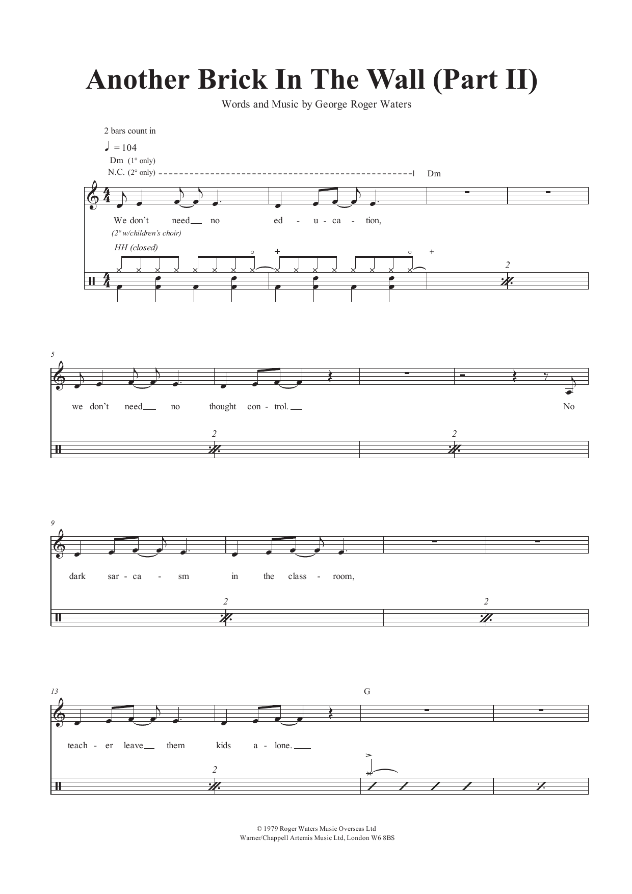 Pink Floyd Another Brick In The Wall (Part II) sheet music notes and chords arranged for Drums