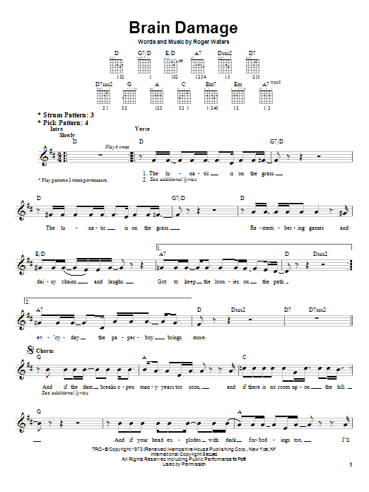 Pink Floyd Brain Damage sheet music notes and chords arranged for Guitar Chords/Lyrics