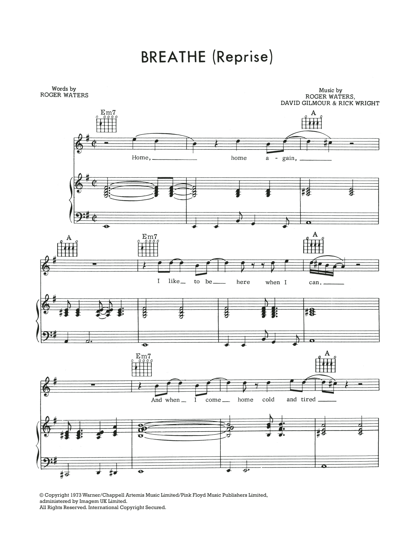 Pink Floyd Breathe (In The Air) (Reprise) sheet music notes and chords arranged for Guitar Tab