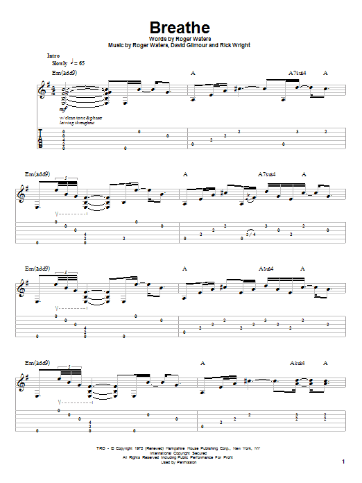 Pink Floyd Breathe sheet music notes and chords arranged for Bass Guitar Tab