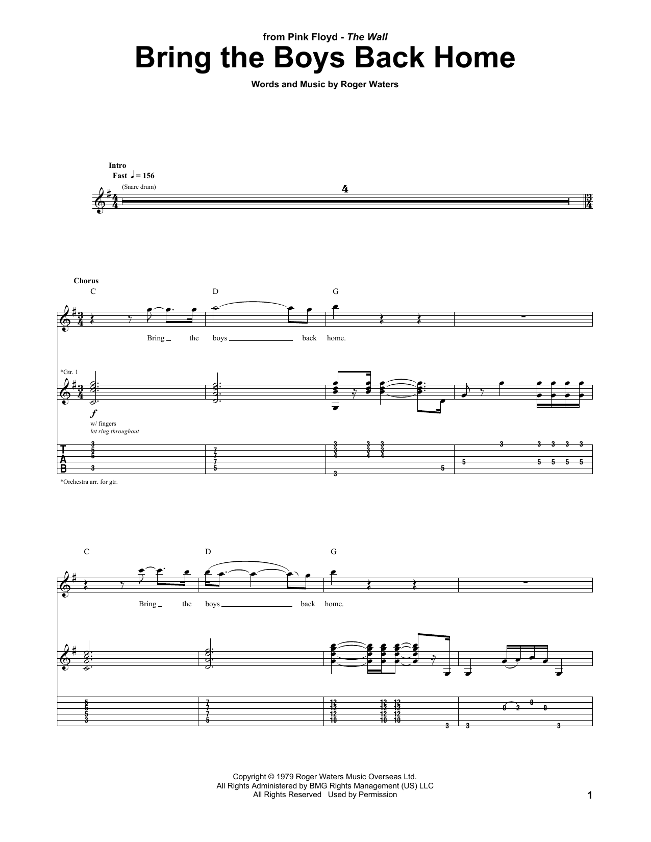 Pink Floyd Bring The Boys Back Home sheet music notes and chords arranged for Guitar Tab
