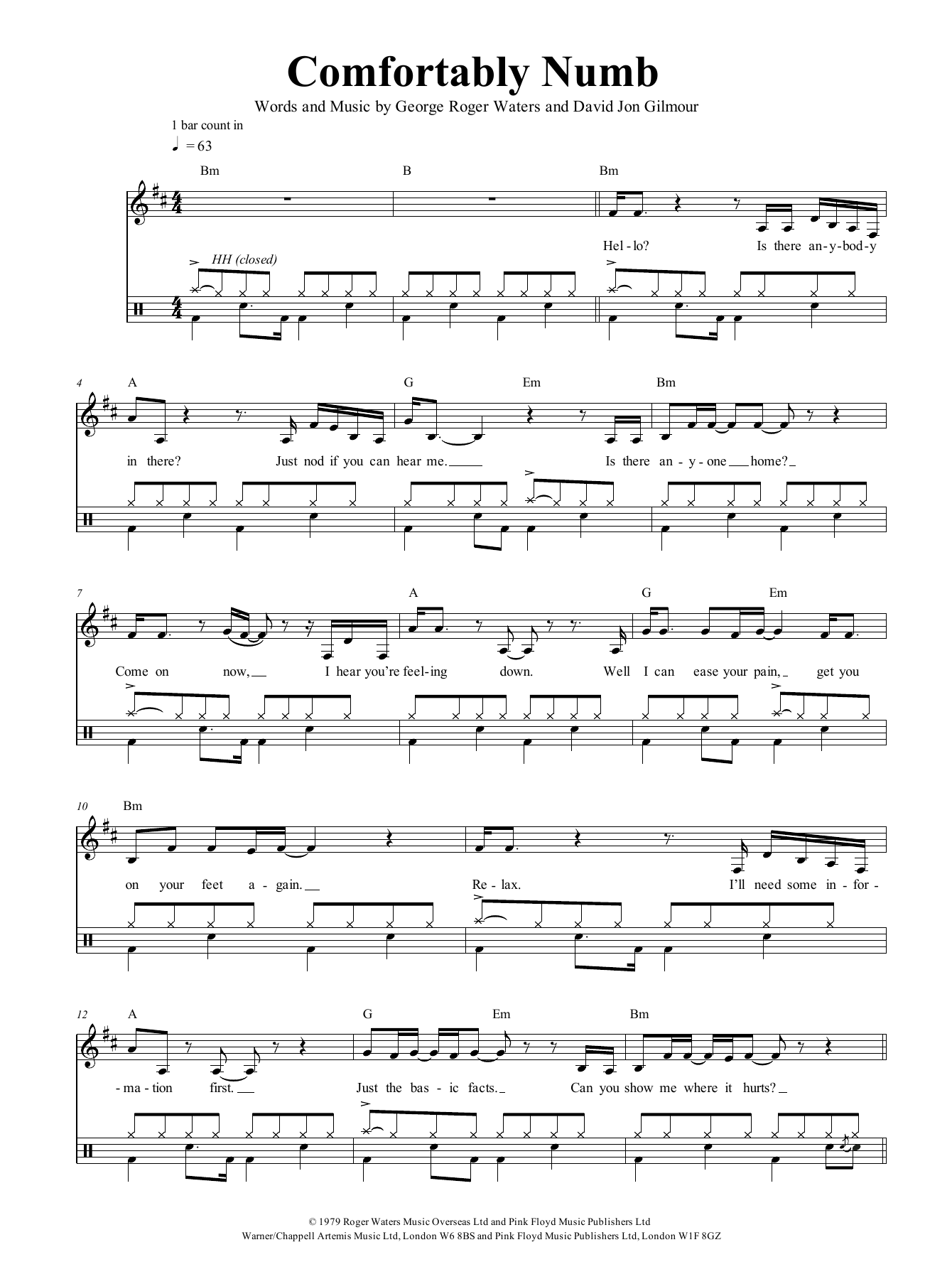 Pink Floyd Comfortably Numb sheet music notes and chords arranged for Drums