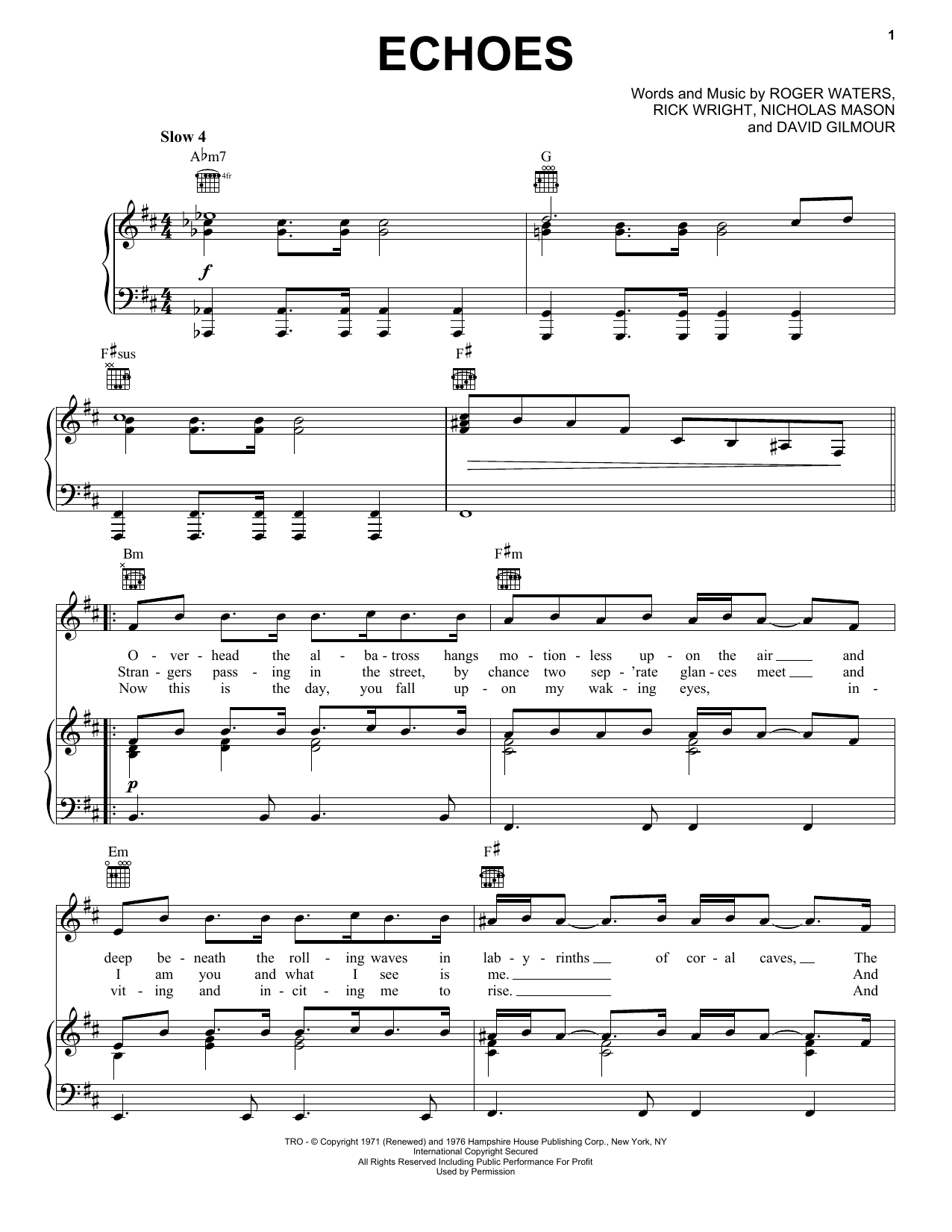Pink Floyd Echoes sheet music notes and chords arranged for Piano, Vocal & Guitar Chords (Right-Hand Melody)