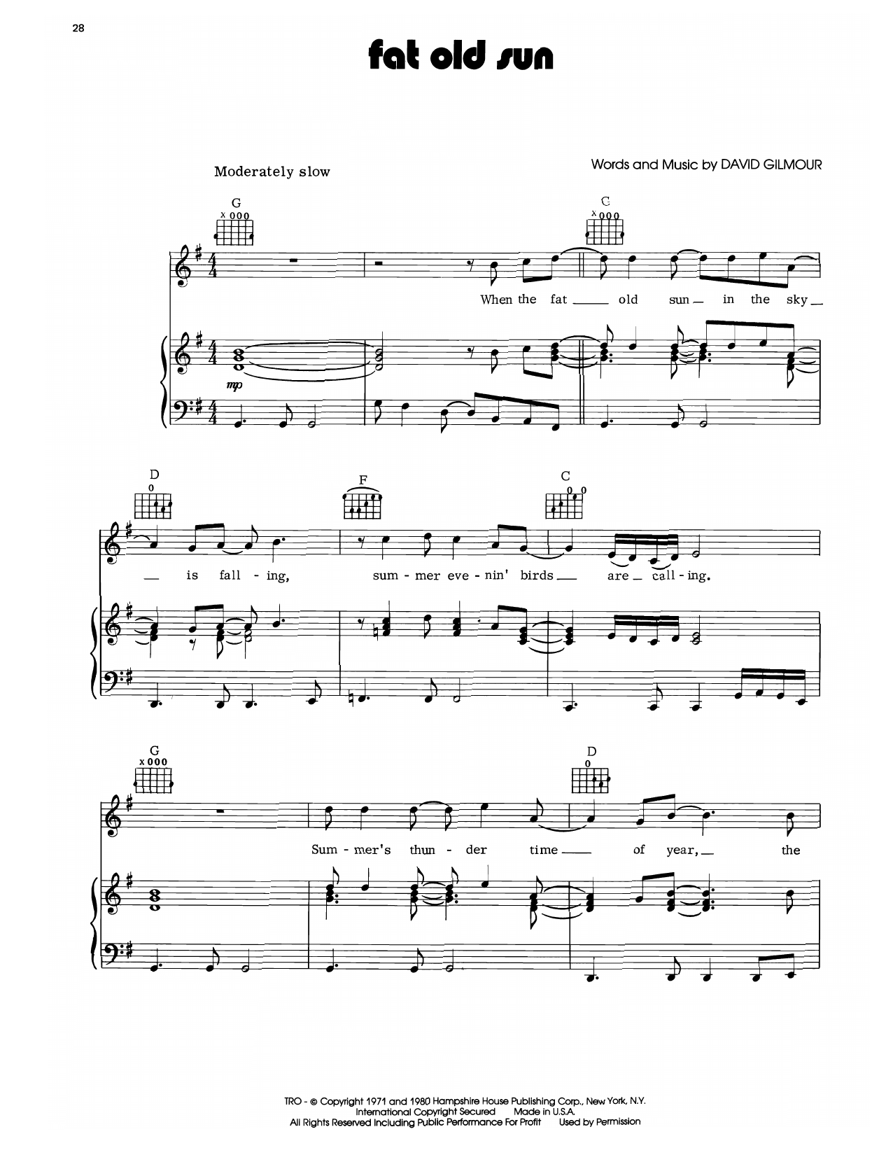 Pink Floyd Fat Old Sun sheet music notes and chords arranged for Piano, Vocal & Guitar Chords (Right-Hand Melody)