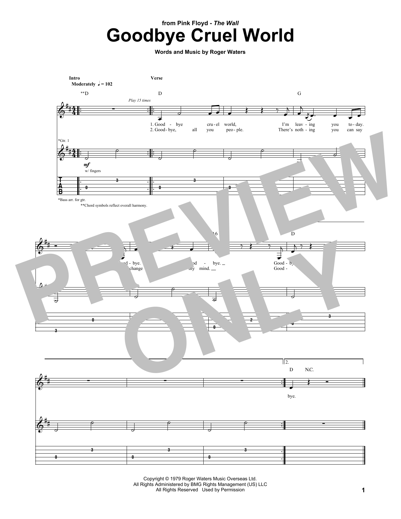 Pink Floyd Goodbye Cruel World sheet music notes and chords arranged for Guitar Tab