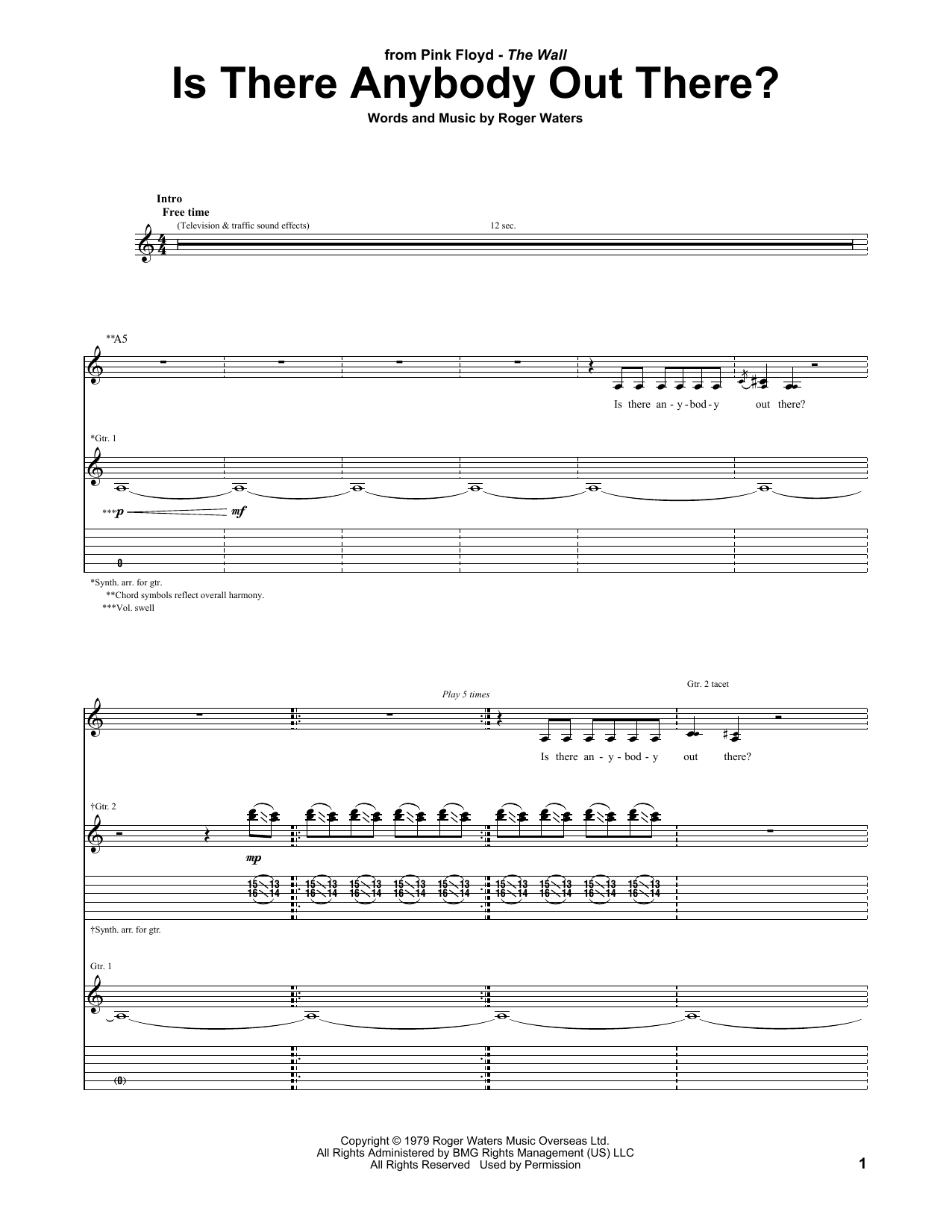 Pink Floyd Is There Anybody Out There? sheet music notes and chords arranged for Guitar Lead Sheet