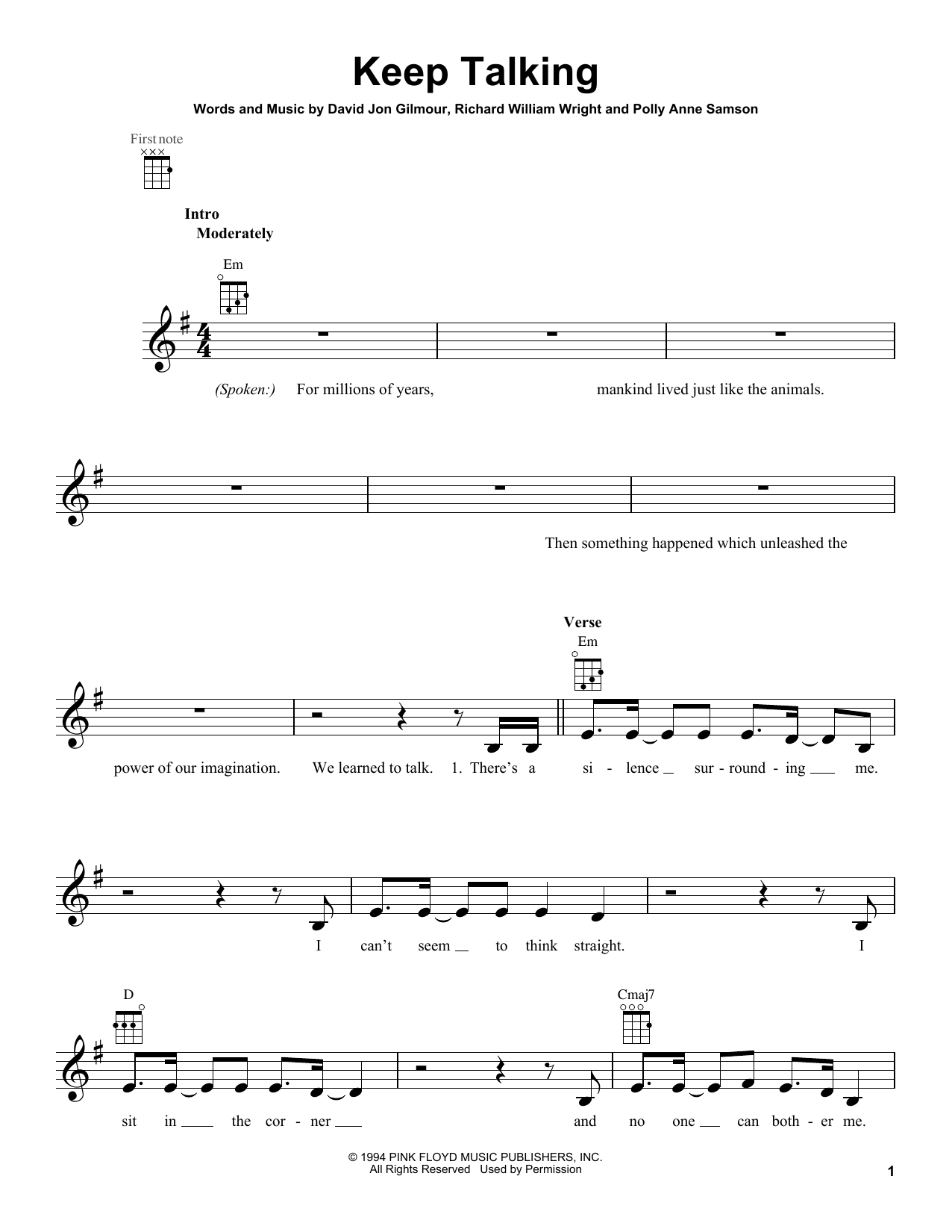 Pink Floyd Keep Talking sheet music notes and chords arranged for Guitar Tab