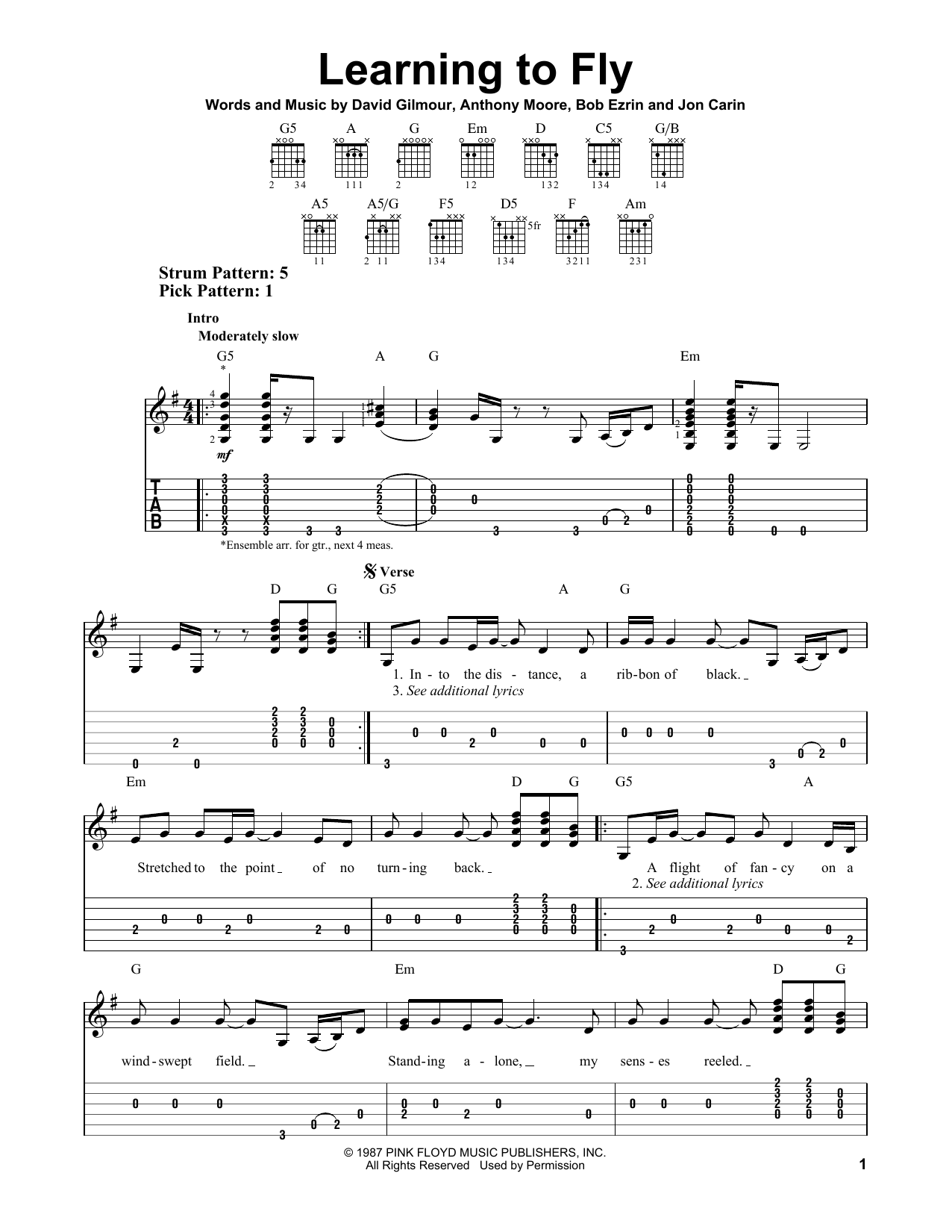 Pink Floyd Learning To Fly sheet music notes and chords arranged for Guitar Tab