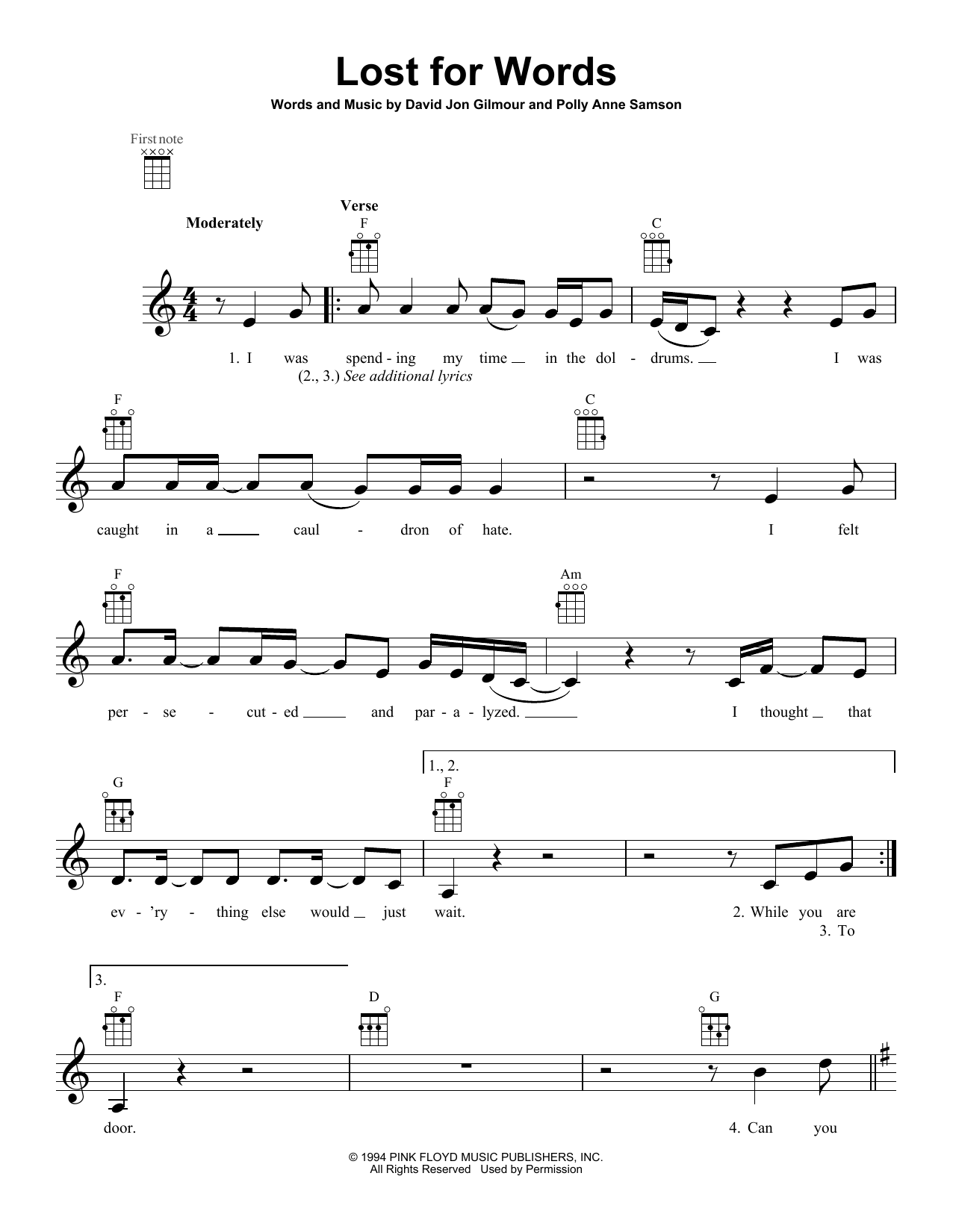 Pink Floyd Lost For Words sheet music notes and chords arranged for Ukulele