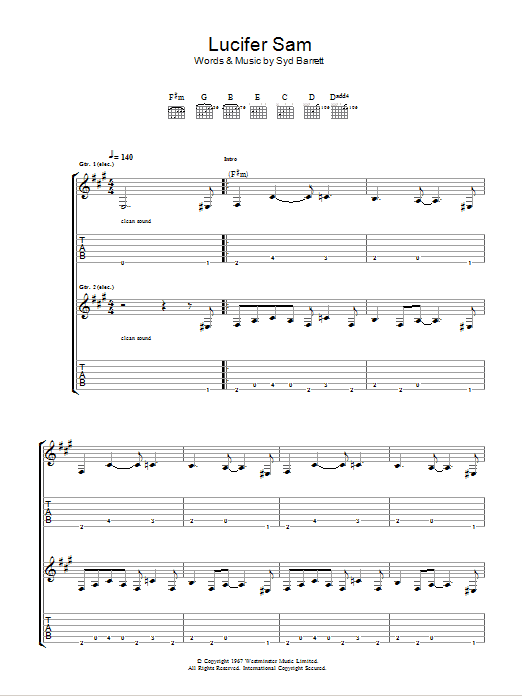 Pink Floyd Lucifer Sam sheet music notes and chords arranged for Guitar Tab