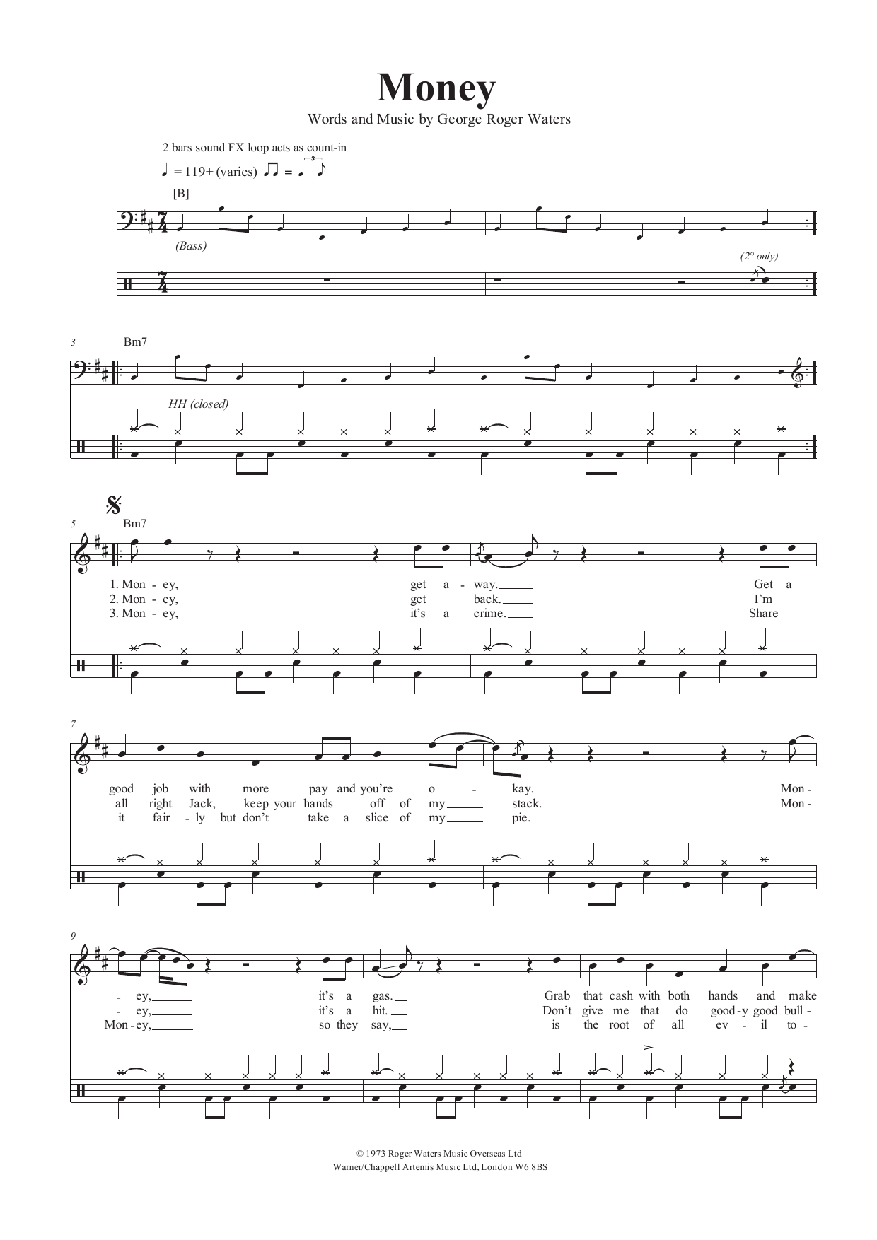 Pink Floyd Money sheet music notes and chords arranged for Piano, Vocal & Guitar Chords (Right-Hand Melody)