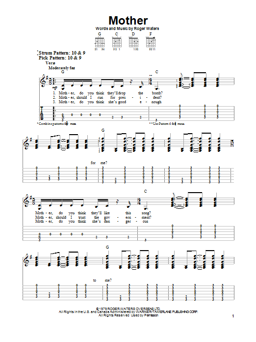 Pink Floyd Mother sheet music notes and chords arranged for Guitar Chords/Lyrics