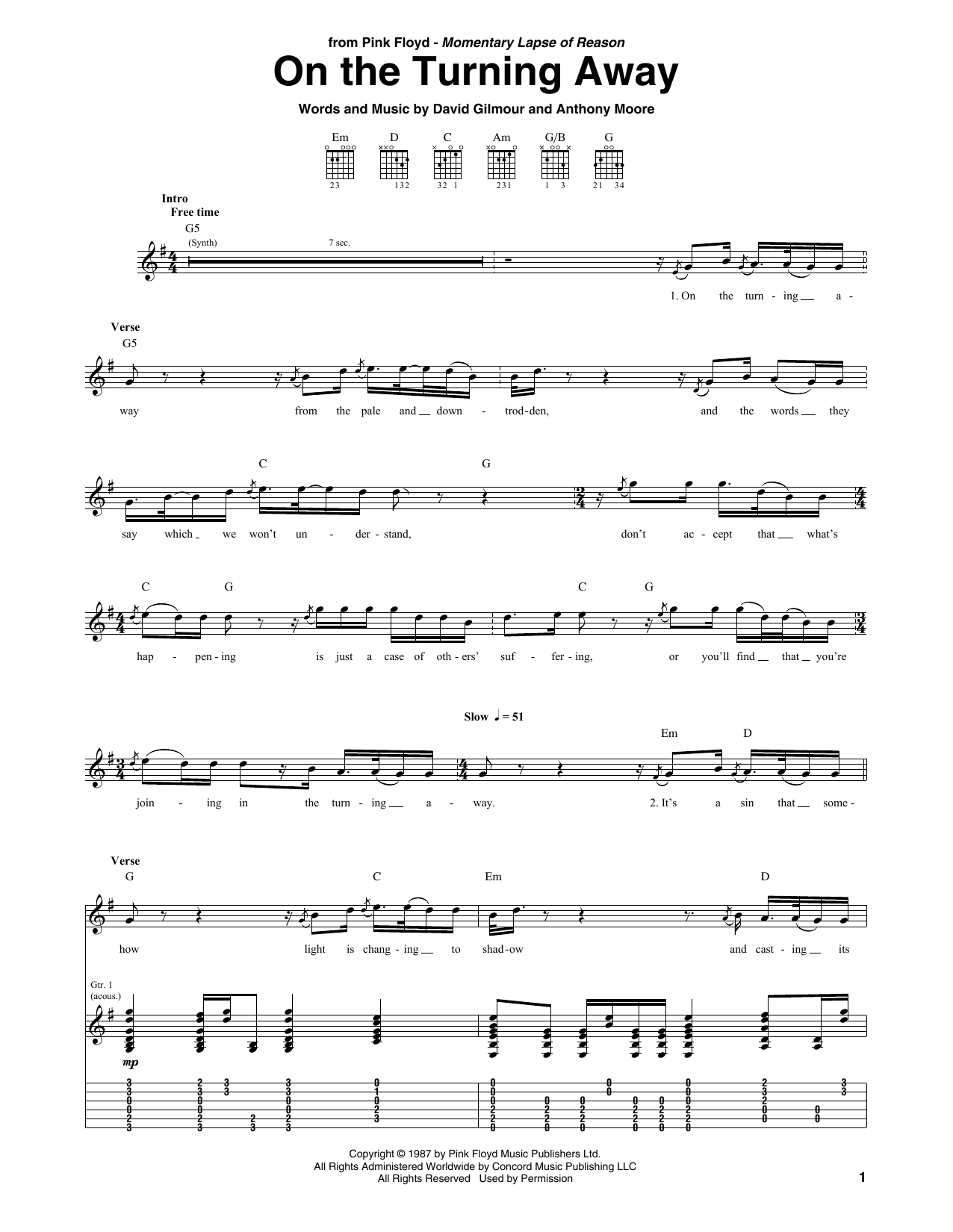 Pink Floyd On The Turning Away sheet music notes and chords arranged for Guitar Tab