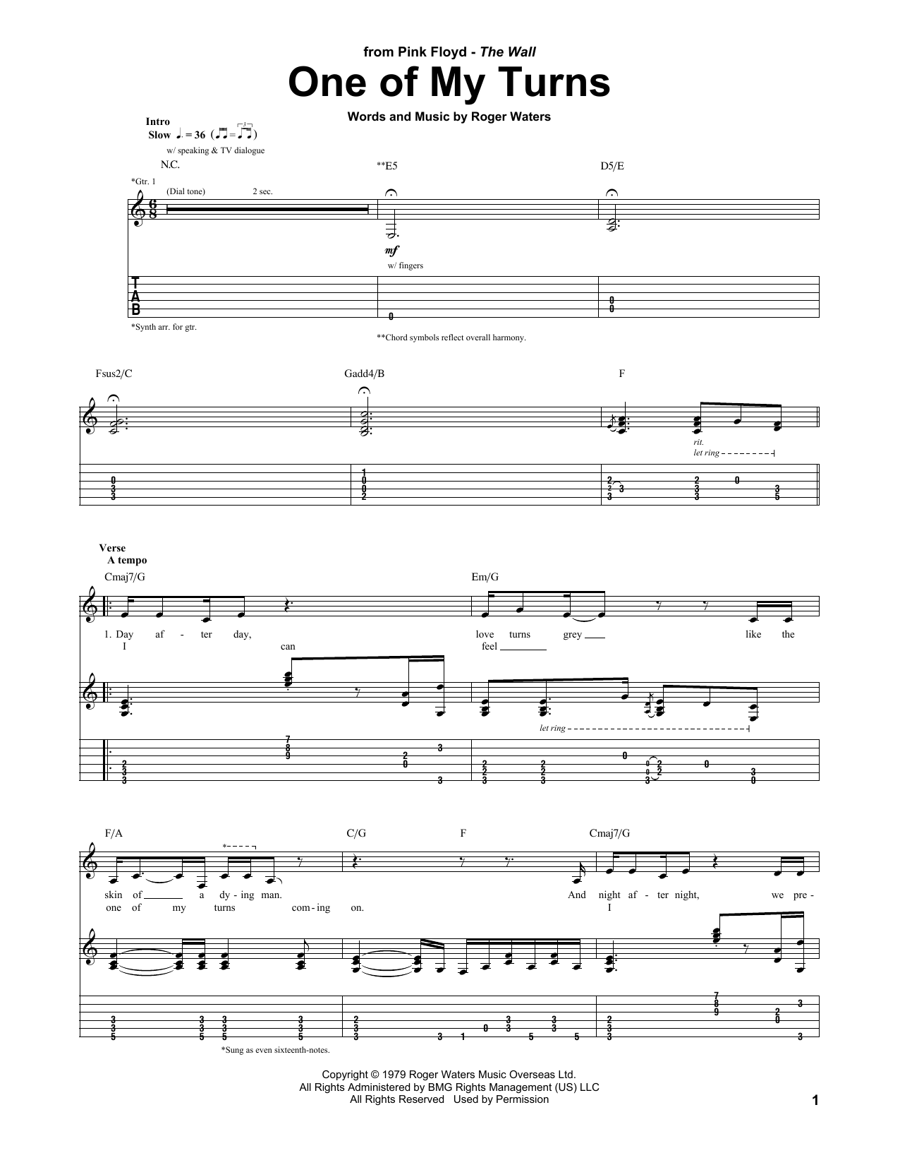 Pink Floyd One Of My Turns sheet music notes and chords arranged for Guitar Tab