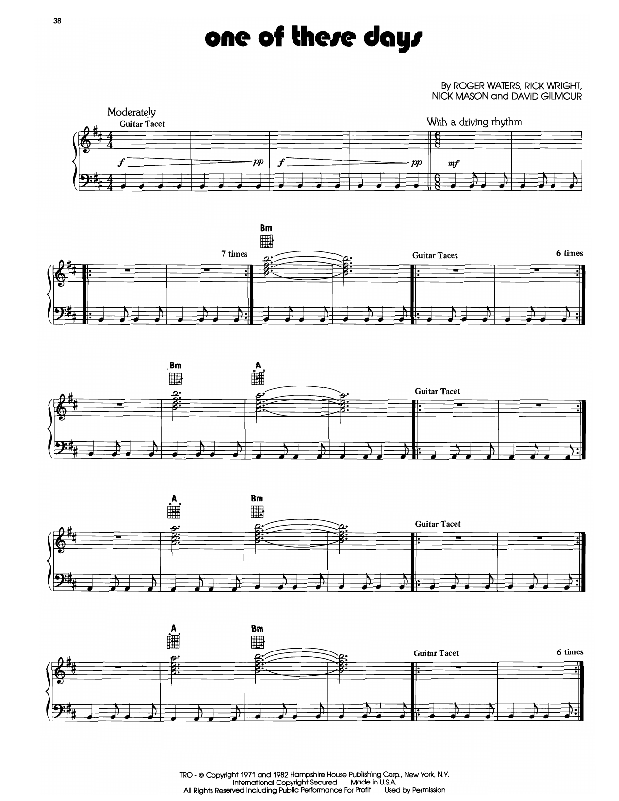 Pink Floyd One Of These Days sheet music notes and chords arranged for Piano Solo