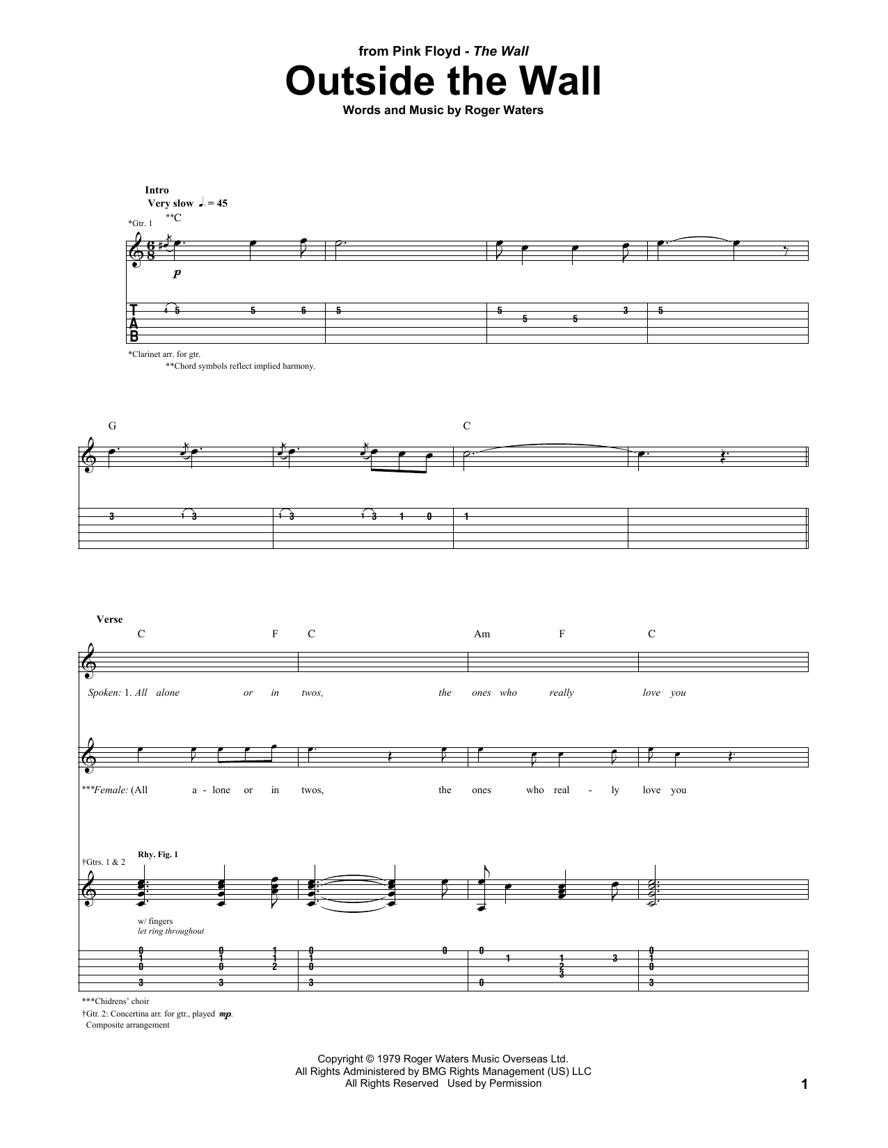 Pink Floyd Outside The Wall sheet music notes and chords arranged for Guitar Tab