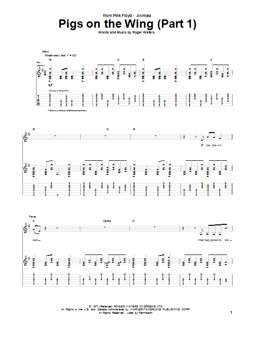Pink Floyd Pigs On The Wing (Part 1) sheet music notes and chords arranged for Ukulele