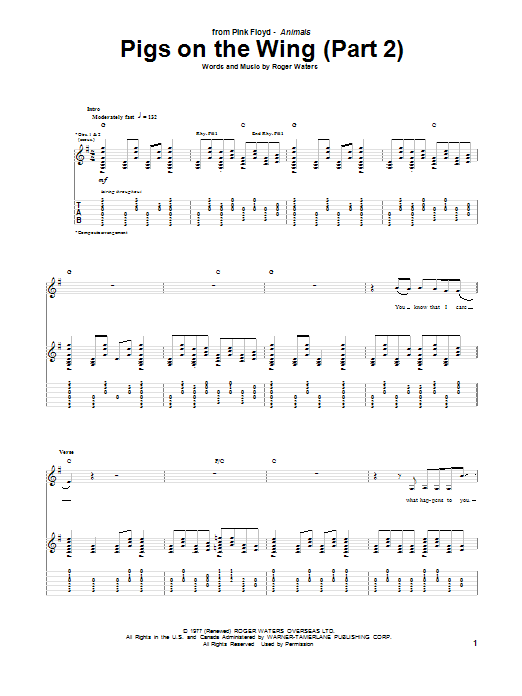 Pink Floyd Pigs On The Wing (Part 2) sheet music notes and chords arranged for Guitar Chords/Lyrics