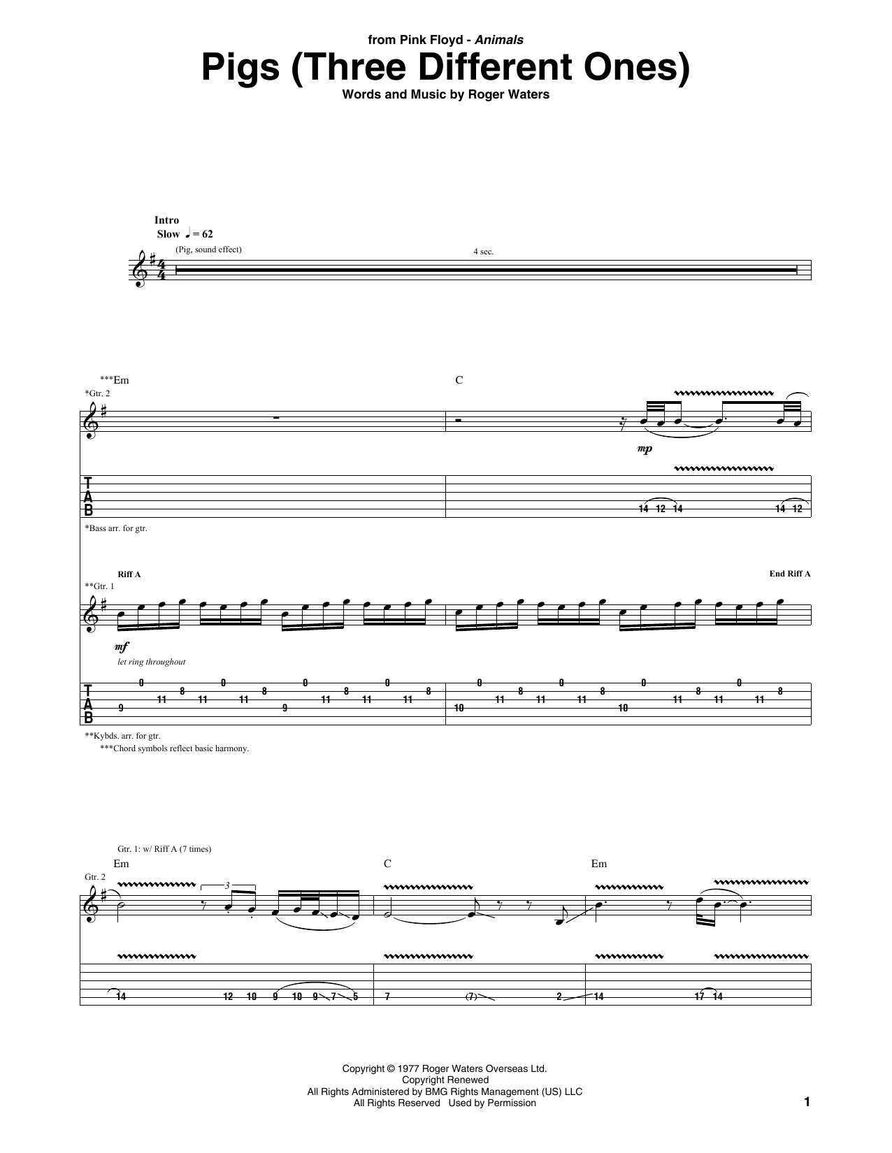 Pink Floyd Pigs (Three Different Ones) sheet music notes and chords arranged for Guitar Tab