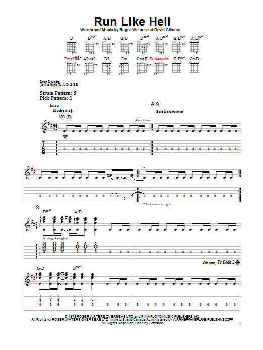 Pink Floyd Run Like Hell sheet music notes and chords arranged for Guitar Tab (Single Guitar)