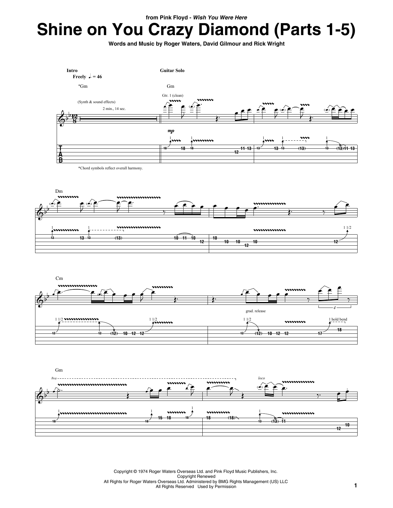 Pink Floyd Shine On You Crazy Diamond (Parts 1-5) sheet music notes and chords arranged for Guitar Tab