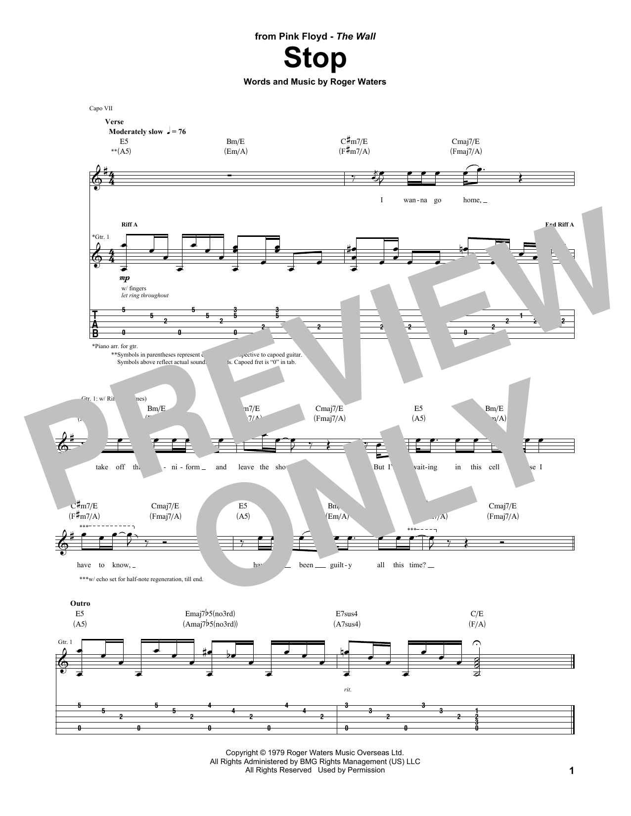 Pink Floyd Stop sheet music notes and chords arranged for Guitar Tab