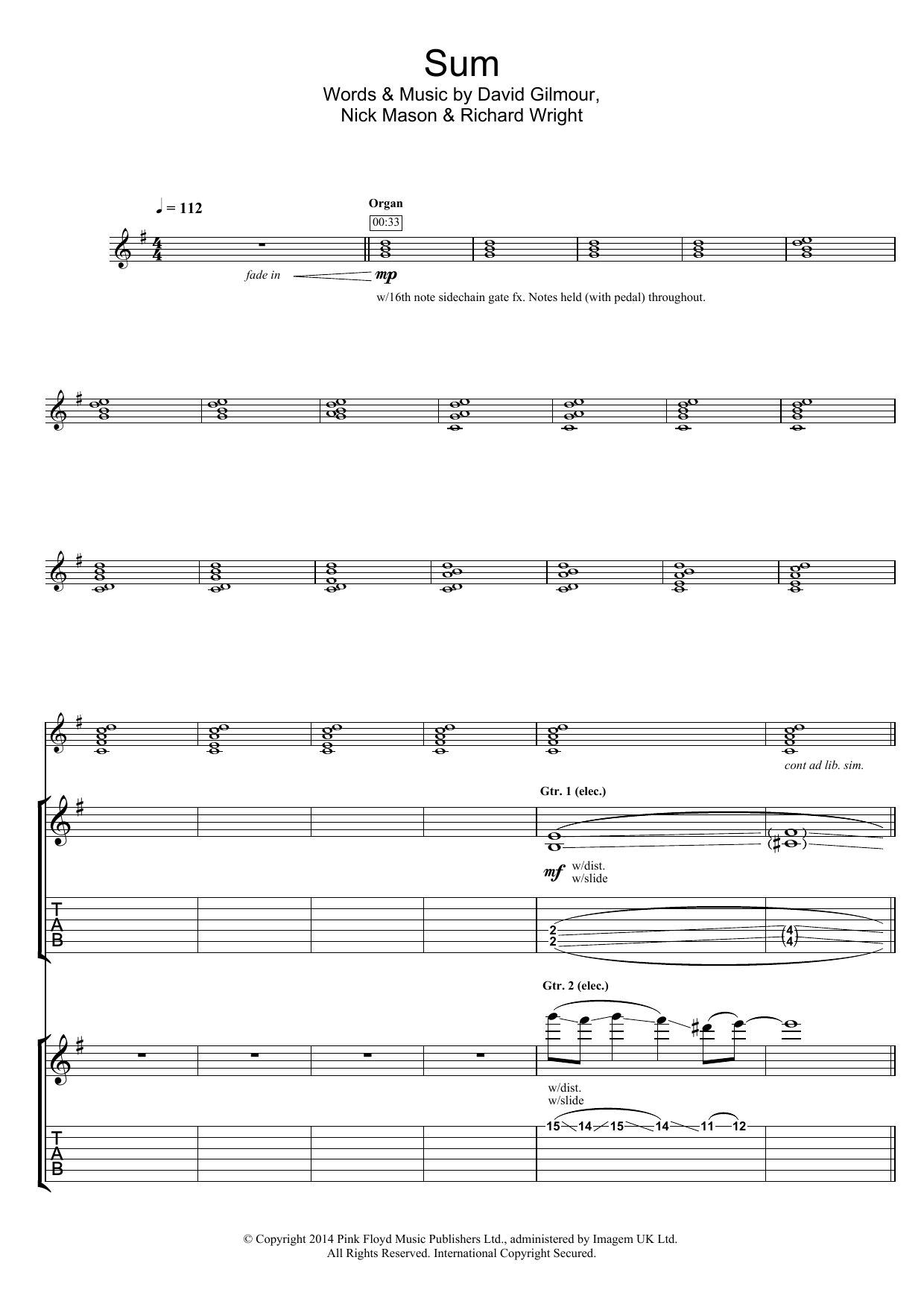 Pink Floyd Sum sheet music notes and chords arranged for Guitar Tab