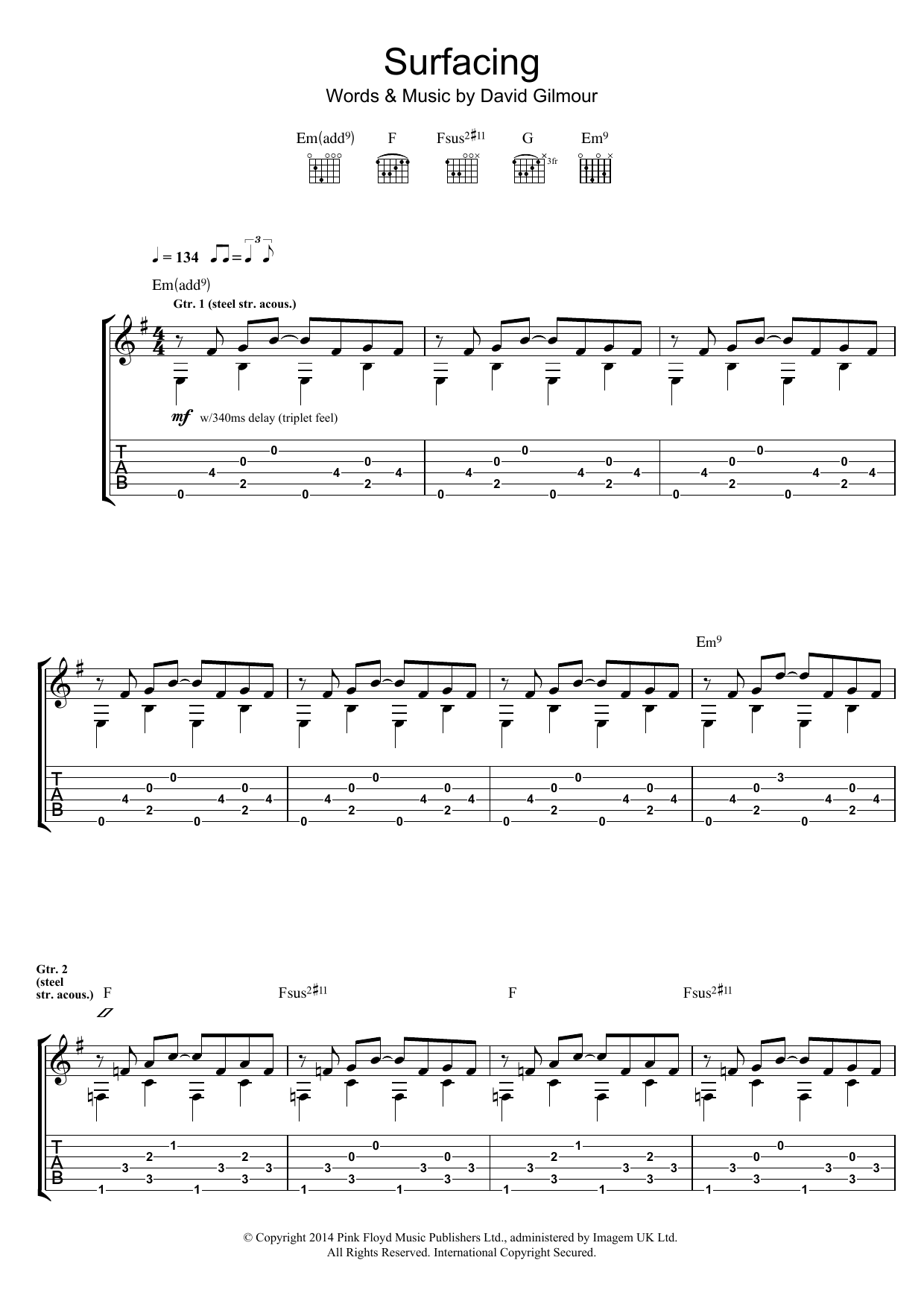 Pink Floyd Surfacing sheet music notes and chords arranged for Guitar Tab