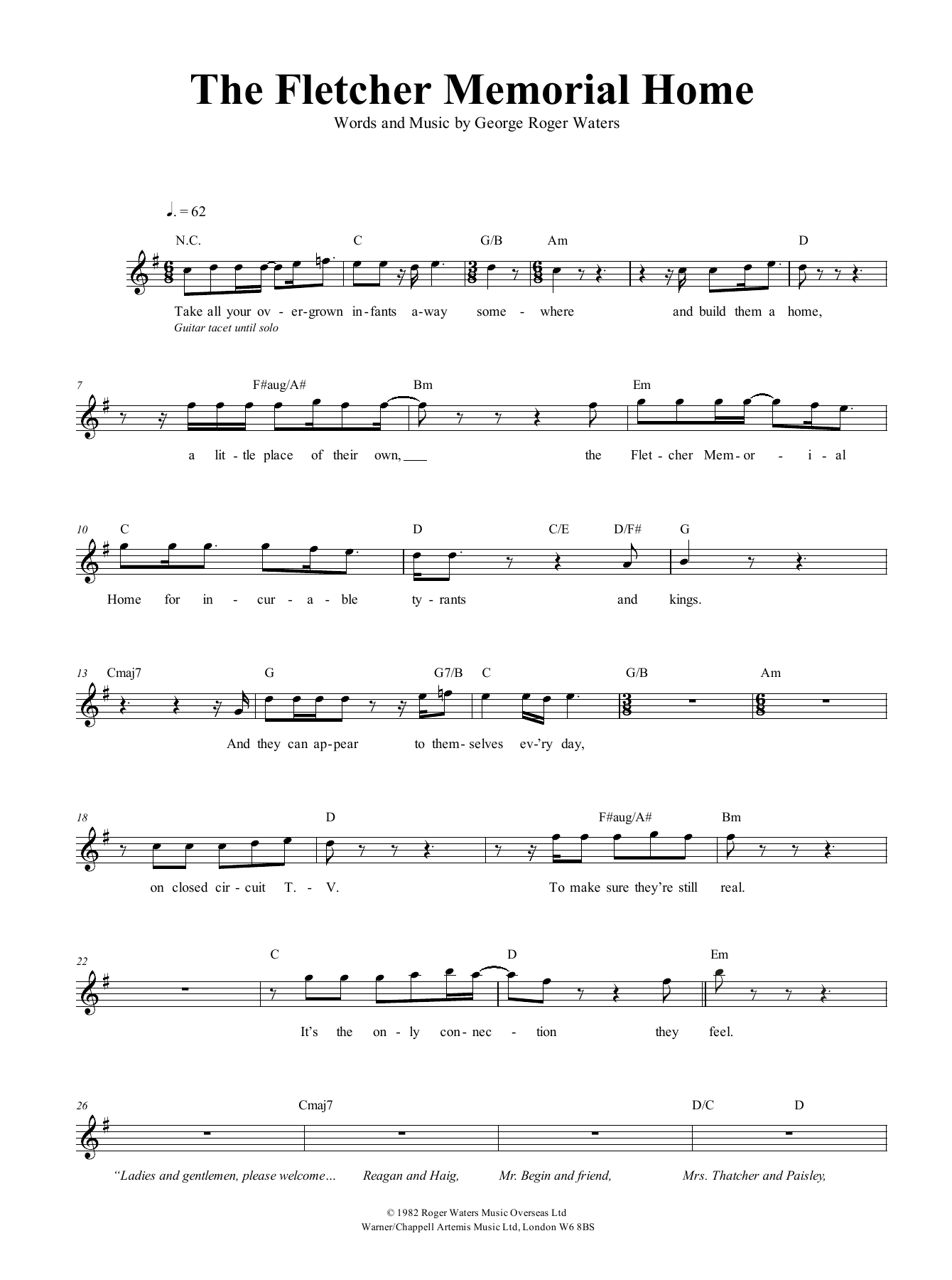 Pink Floyd The Fletcher Memorial Home sheet music notes and chords arranged for Piano & Vocal