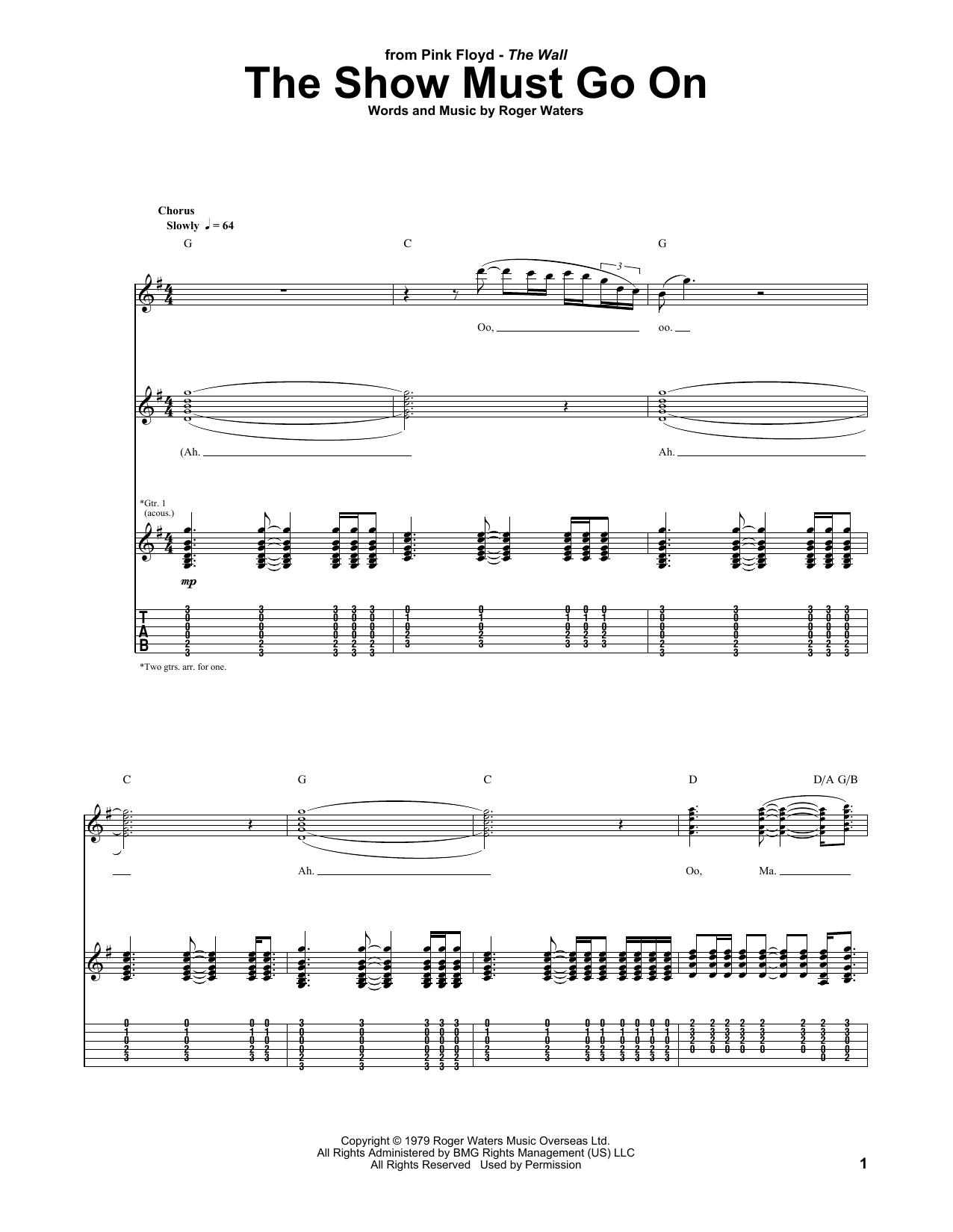 Pink Floyd The Show Must Go On sheet music notes and chords arranged for Guitar Tab