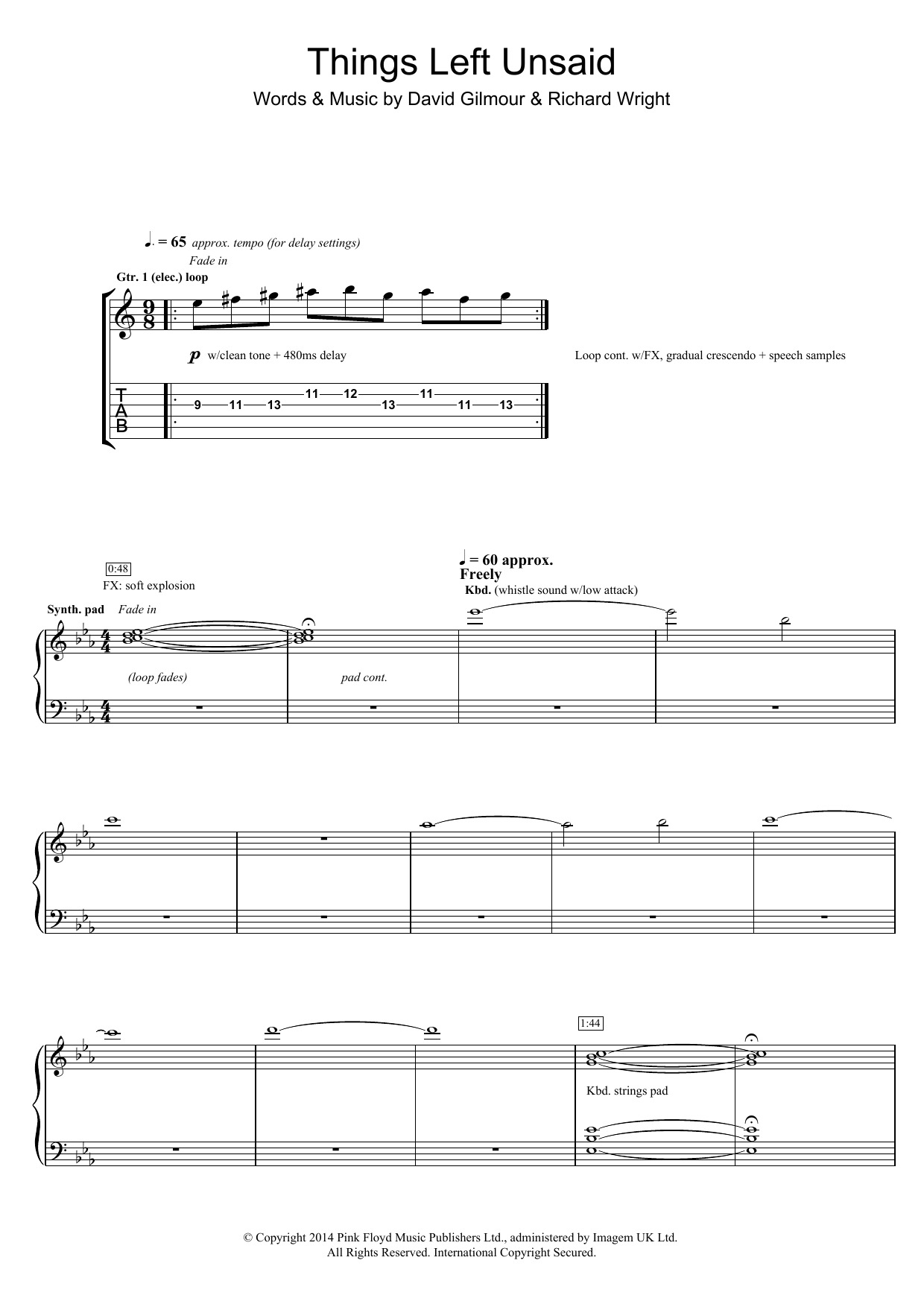 Pink Floyd Things Left Unsaid sheet music notes and chords arranged for Guitar Tab