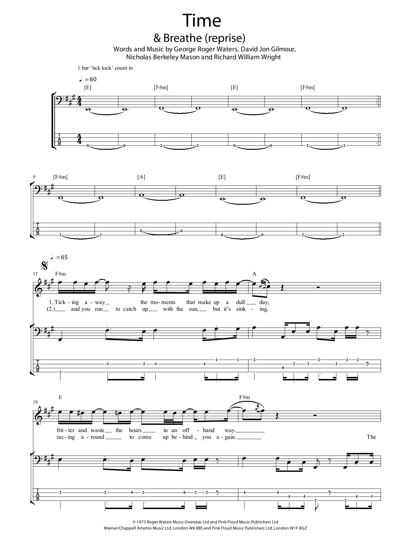 Pink Floyd Time sheet music notes and chords arranged for Bass Guitar Tab