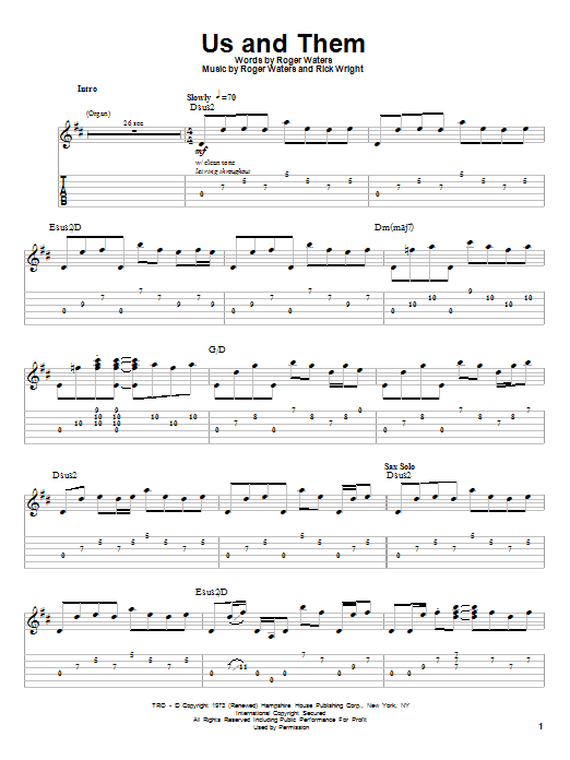 Pink Floyd Us And Them sheet music notes and chords arranged for Guitar Chords/Lyrics
