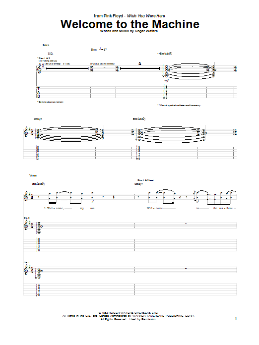 Pink Floyd Welcome To The Machine sheet music notes and chords arranged for Guitar Chords/Lyrics