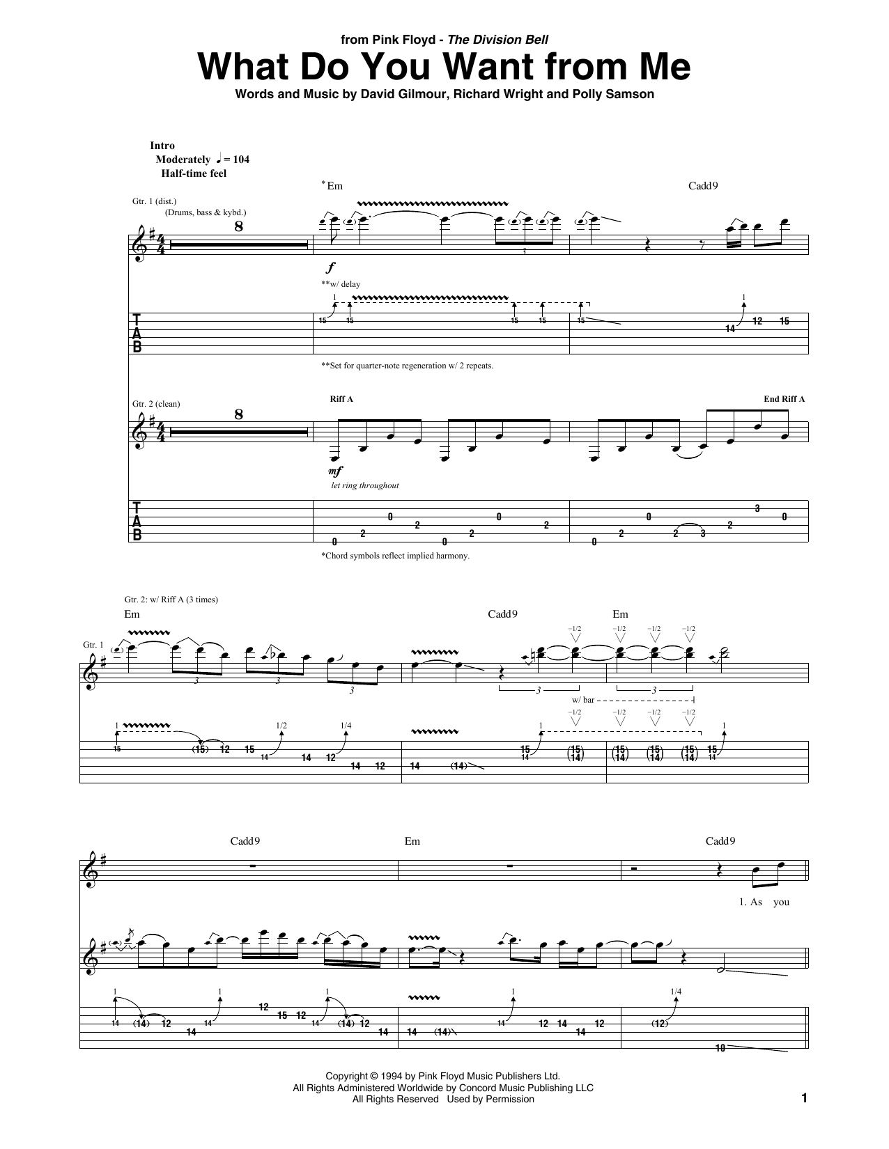 Pink Floyd What Do You Want From Me sheet music notes and chords arranged for Guitar Tab