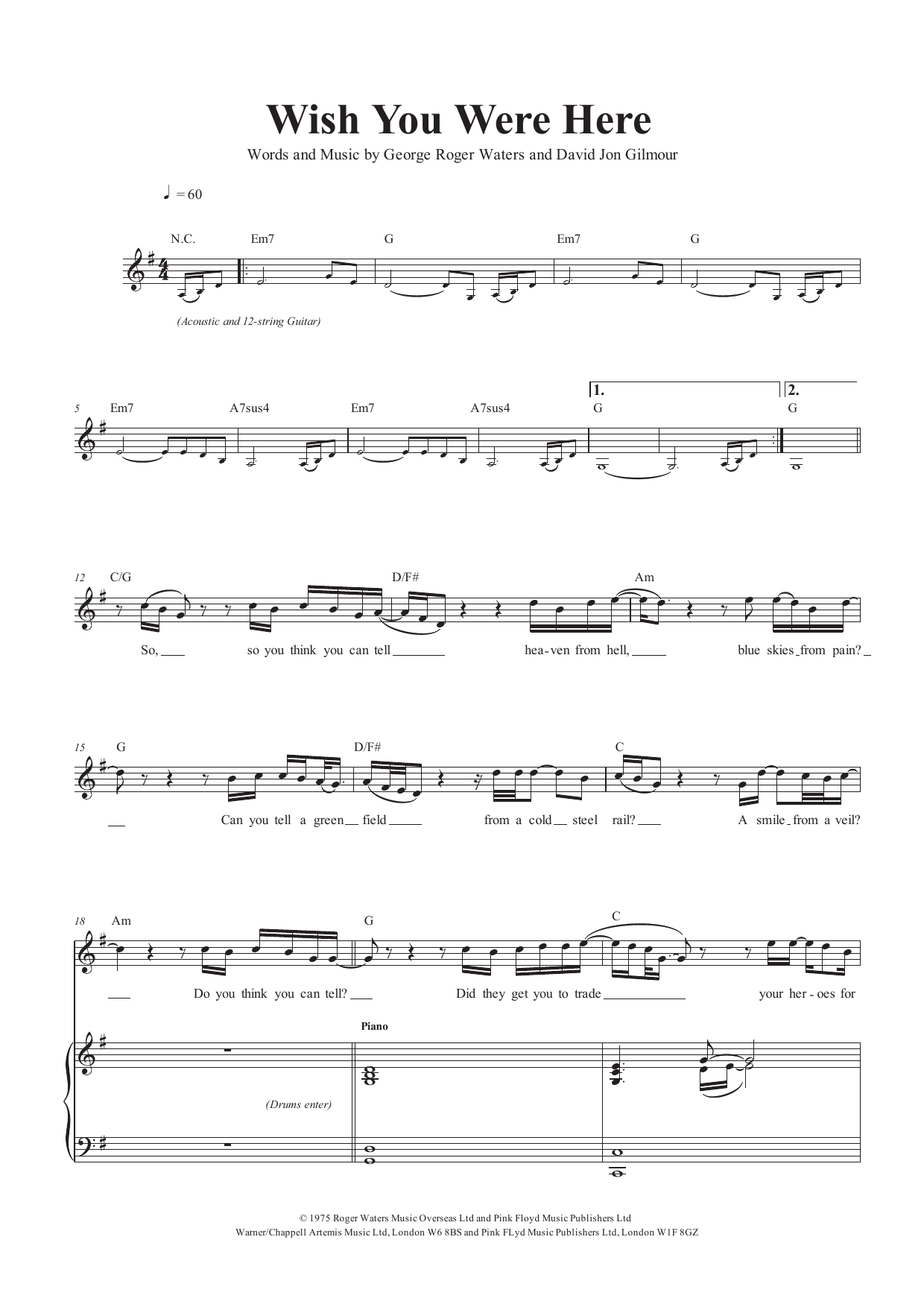 Pink Floyd Wish You Were Here sheet music notes and chords arranged for Viola Solo