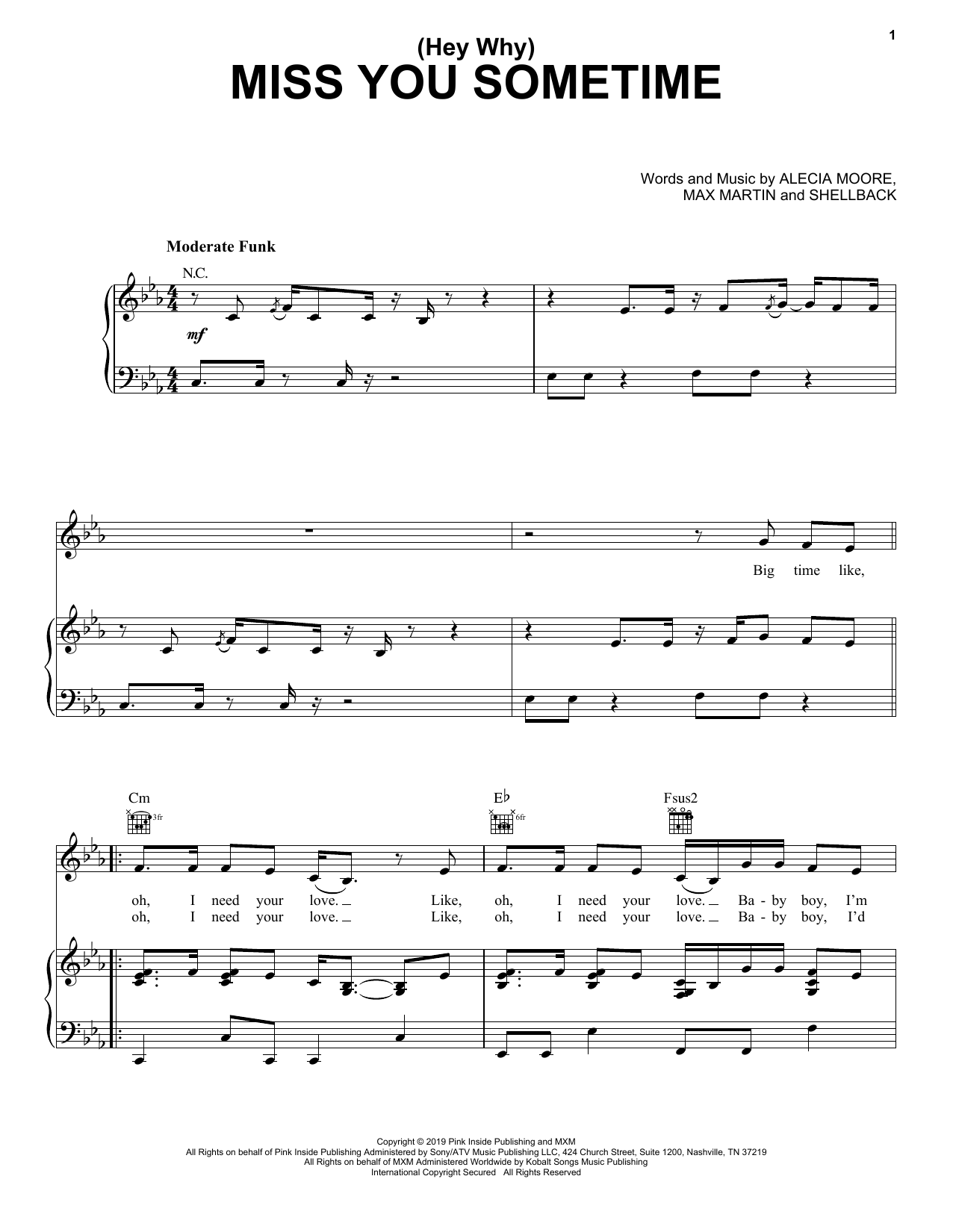 Pink (Hey Why) Miss You Sometime sheet music notes and chords arranged for Piano, Vocal & Guitar Chords (Right-Hand Melody)