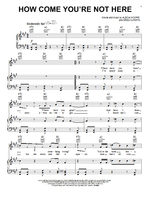 Pink How Come You're Not Here sheet music notes and chords arranged for Piano, Vocal & Guitar Chords (Right-Hand Melody)