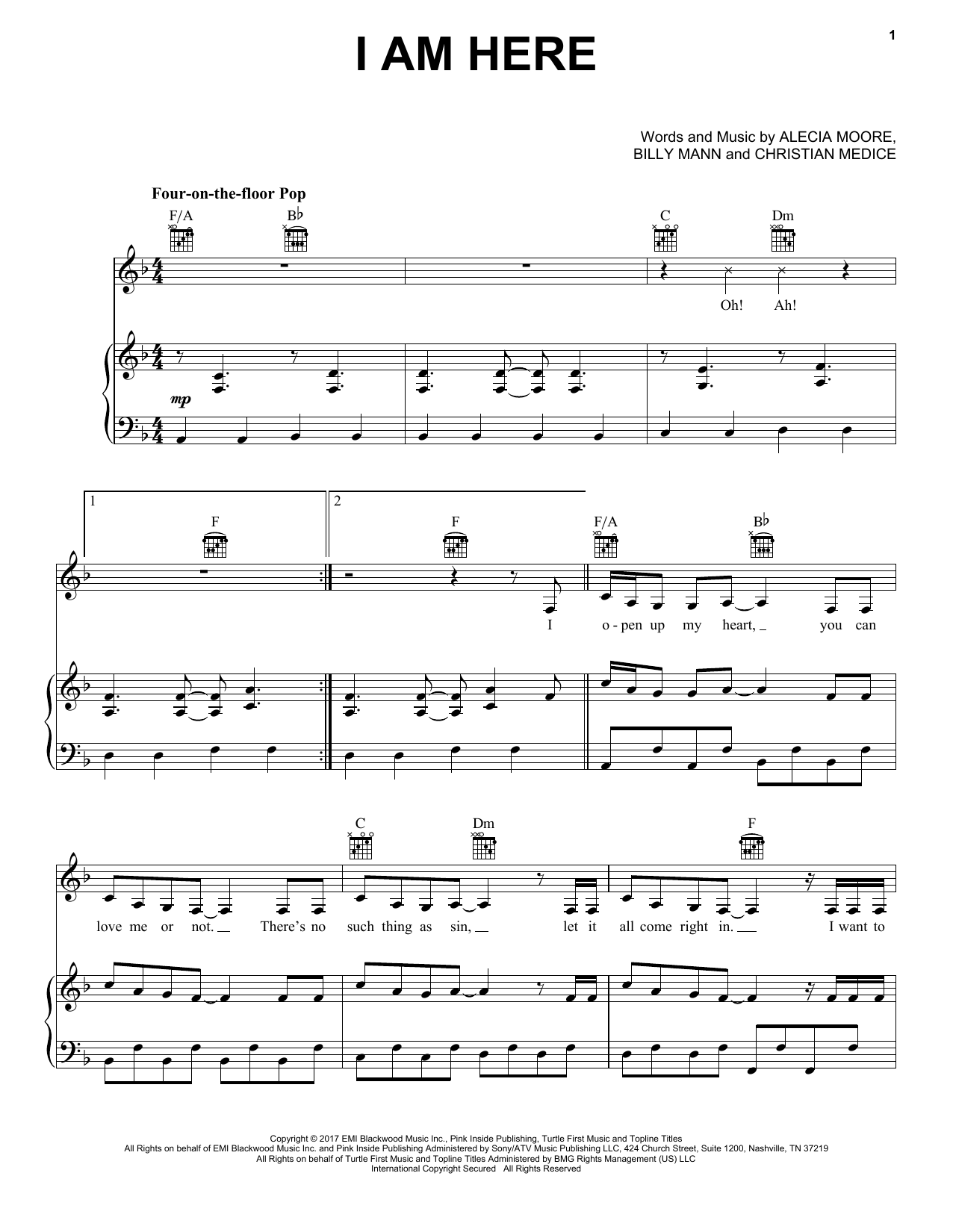 Pink I Am Here sheet music notes and chords arranged for Piano, Vocal & Guitar Chords (Right-Hand Melody)