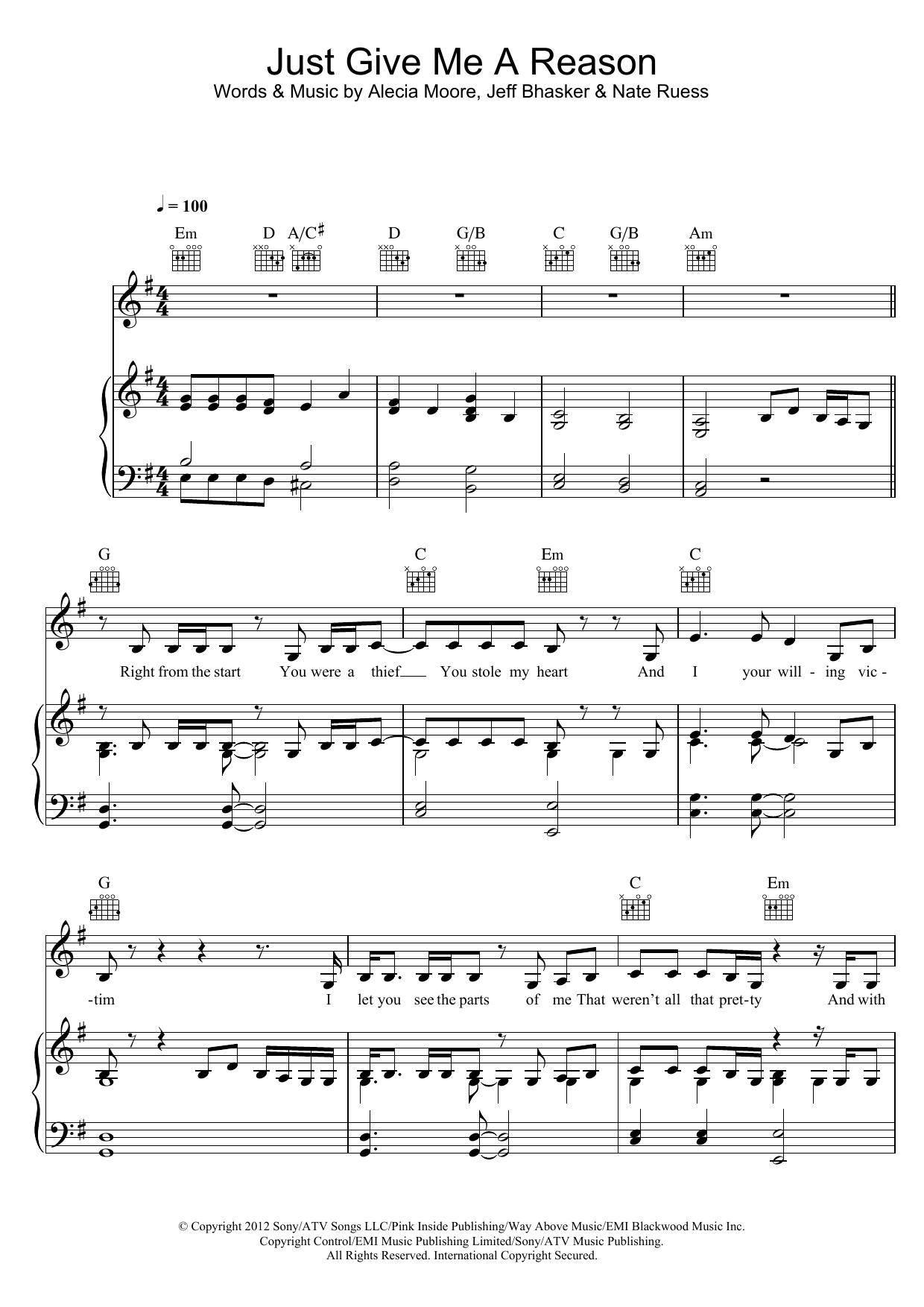Pink Just Give Me A Reason (featuring Nate Ruess) sheet music notes and chords arranged for Clarinet Solo