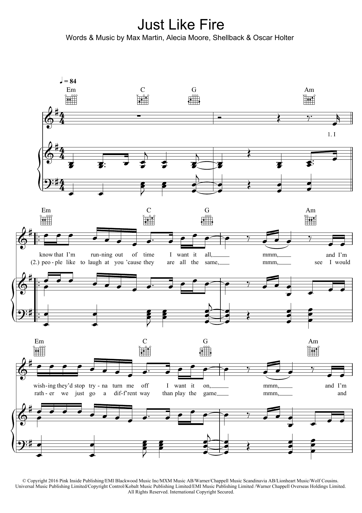 Pink Just Like Fire sheet music notes and chords arranged for Piano, Vocal & Guitar Chords (Right-Hand Melody)