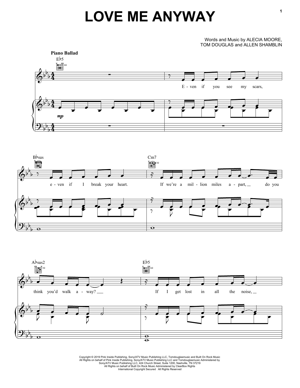 Pink Love Me Anyway (feat. Chris Stapleton) sheet music notes and chords arranged for Piano, Vocal & Guitar Chords (Right-Hand Melody)
