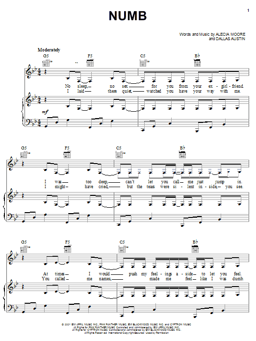 Pink Numb sheet music notes and chords arranged for Piano, Vocal & Guitar Chords (Right-Hand Melody)