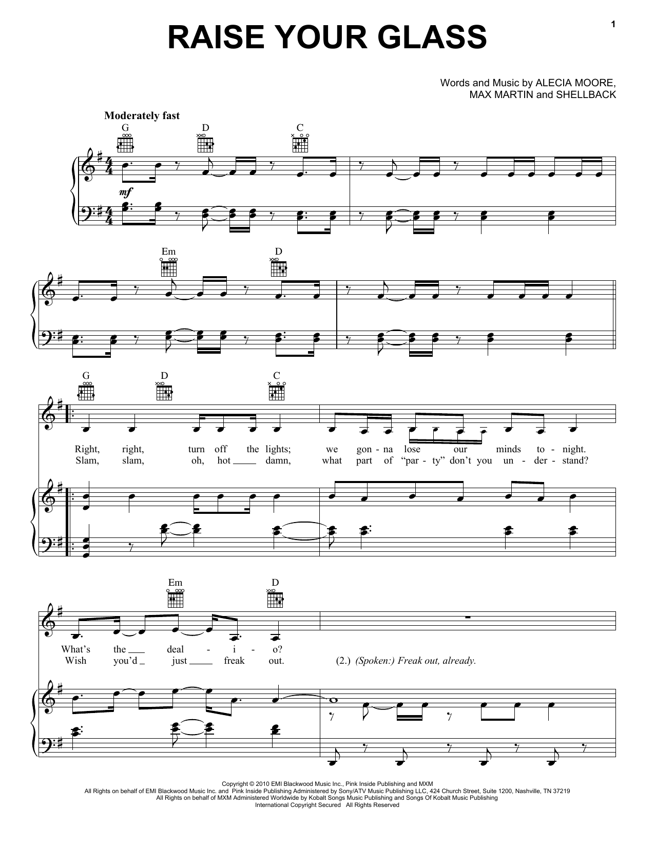 Pink Raise Your Glass sheet music notes and chords arranged for Piano, Vocal & Guitar Chords (Right-Hand Melody)