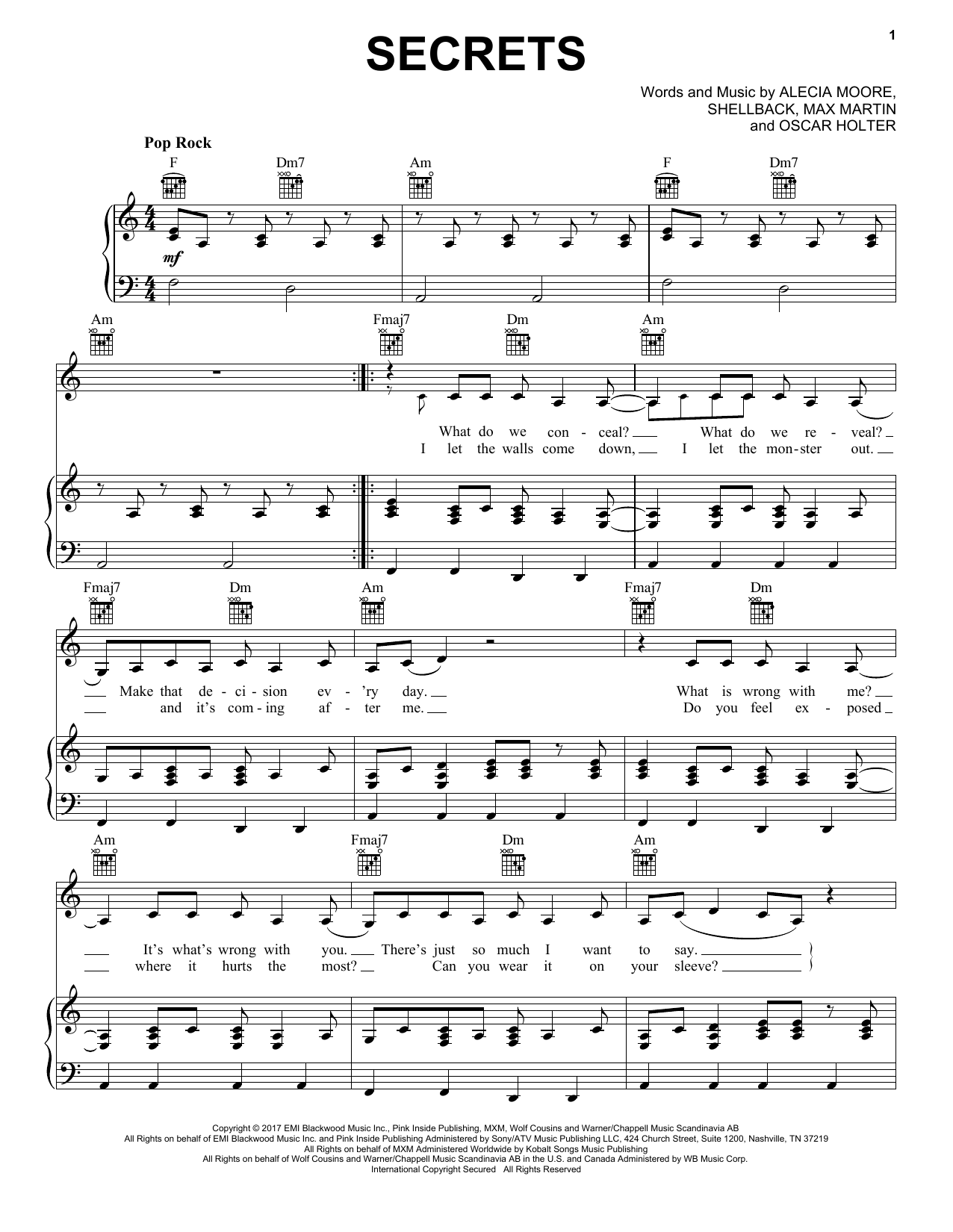Pink Secrets sheet music notes and chords arranged for Piano, Vocal & Guitar Chords (Right-Hand Melody)