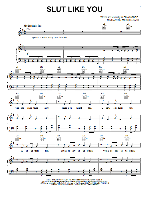 Pink Slut Like You sheet music notes and chords arranged for Piano, Vocal & Guitar Chords (Right-Hand Melody)