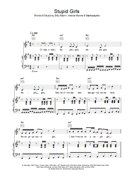 Pink Stupid Girls sheet music notes and chords. Download Printable PDF.